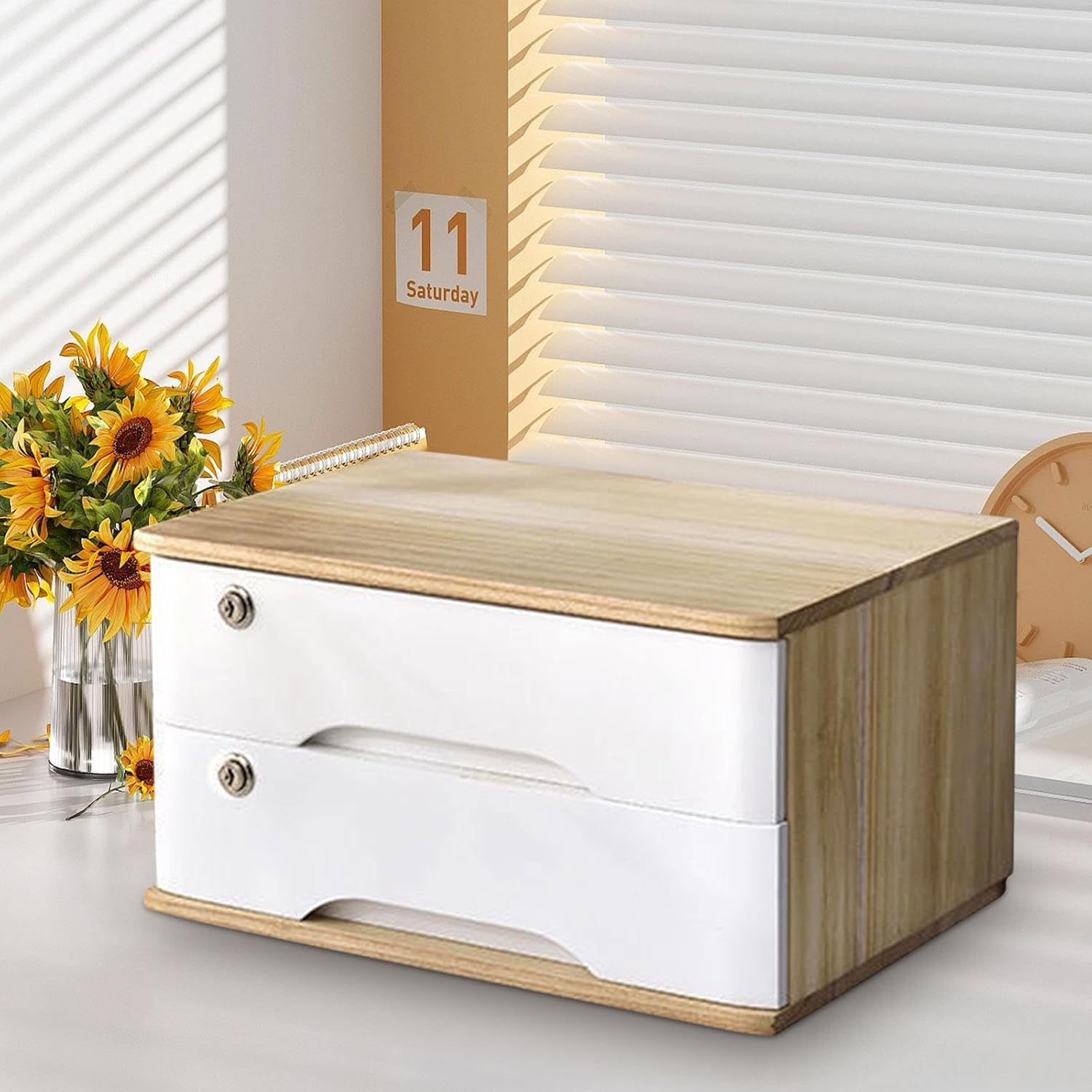 Weilaikeqi Wood Desktop Storage Box with Lock Wooden Tabletop Cabinet Storage Drawer for Counter, Wooden White - Brown image number 5
