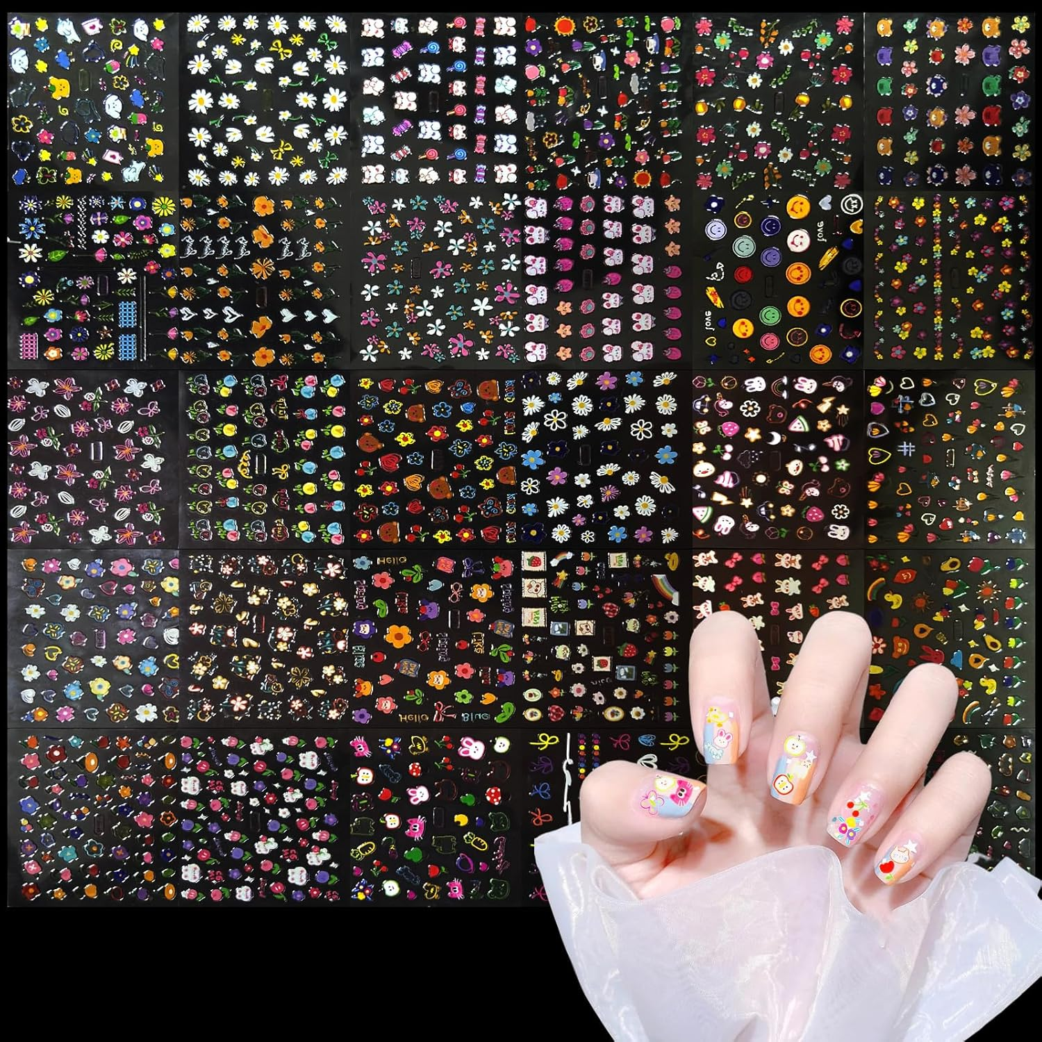 WD&CD 30 Sheets Colorful Cute Nail Art Stickers Decals Self Adhesive Nail Stickers Nail Art Supplies Colorful Flower Stickers Floral Rabbit Bear Heart Nail Designs Manicure Tips Charms Nail Decoration