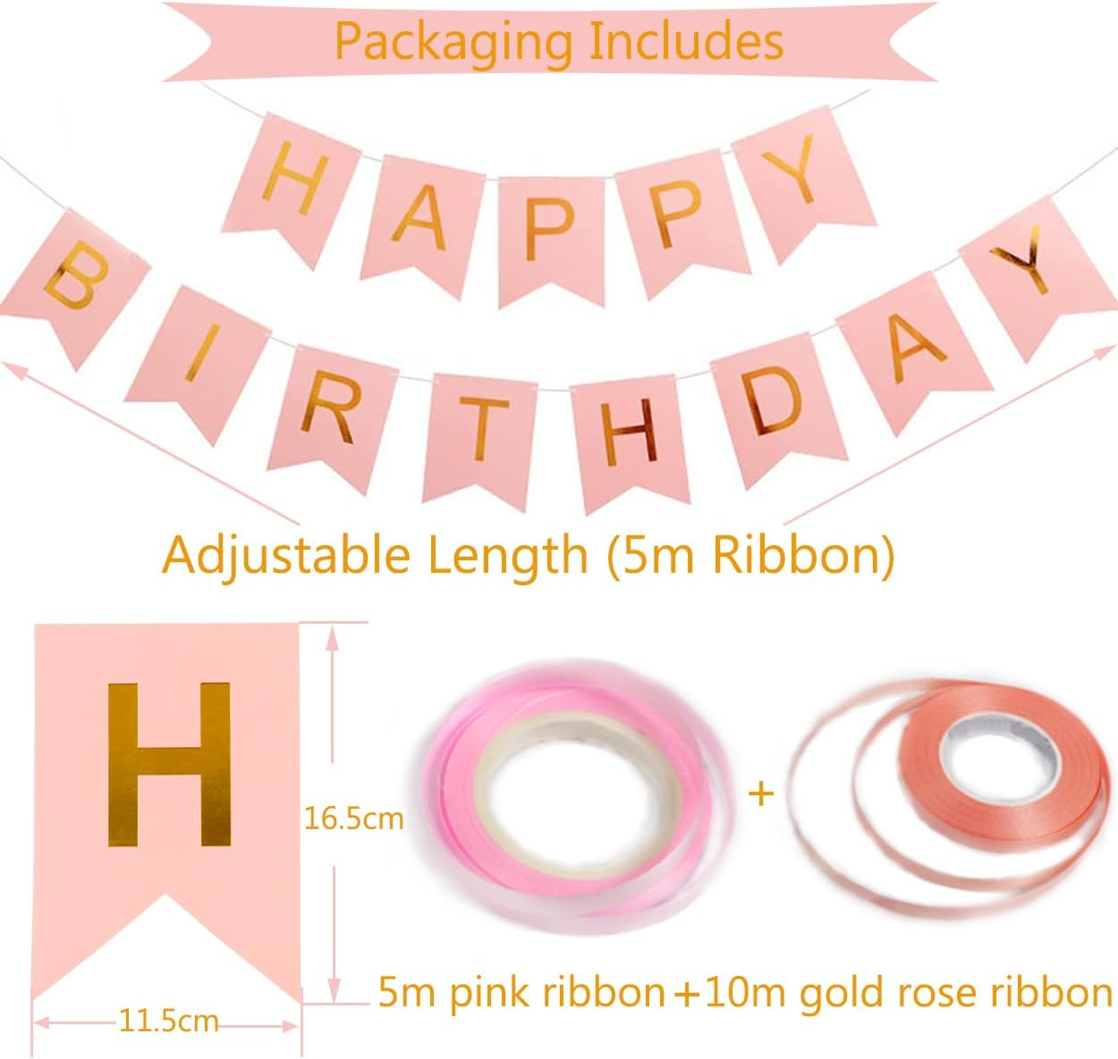 Happy Birthday Banner, Rose Gold Birthday Decoration, 16 Pcs 12 Inch Happy Birthday Balloons with 2 Ribbons for Girl and Women Birthday Party Decoration - Black image number 6