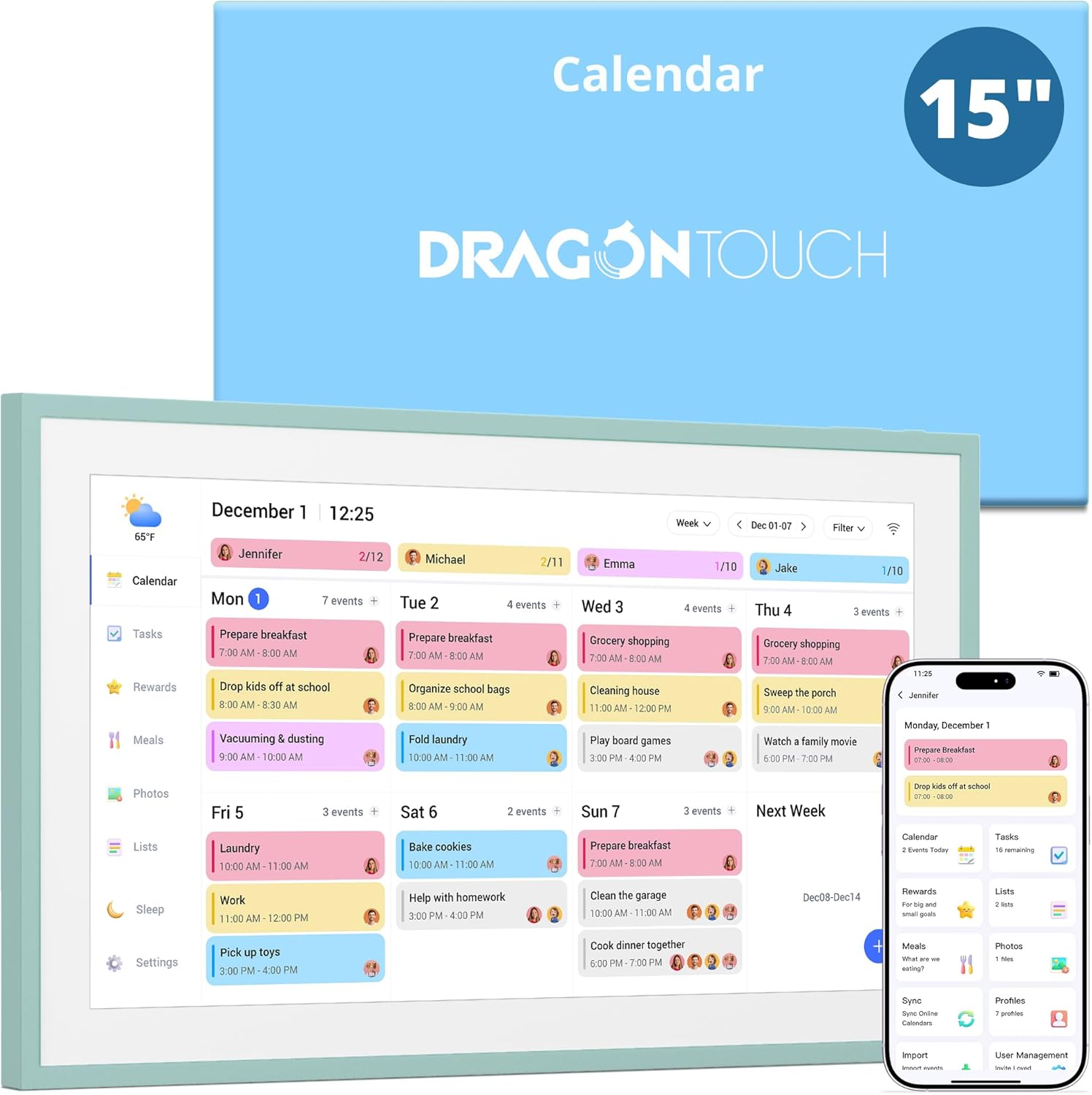 Dragon Touch 15.6" Digital Calendar Chore Chart &ndash; 1080P Full HD Interactive Touchscreen, 2026 Smart Family Planner, Hearth Display Digital Calendar Wall & Desk Mountable for Seamless Scheduling with AU Adapter