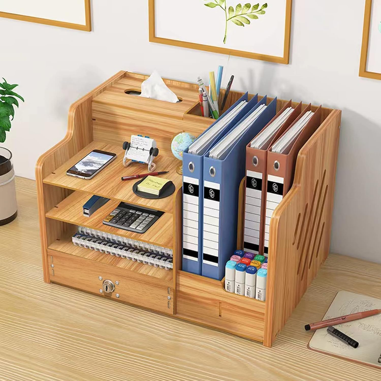 Bamboo Desk Organizer, Desktop Wood Bookshelf File Organizer, Pen Holder and Tissue Holder, 1 Drawer with Lock for Office, Home, Need to Install (Wood Color)