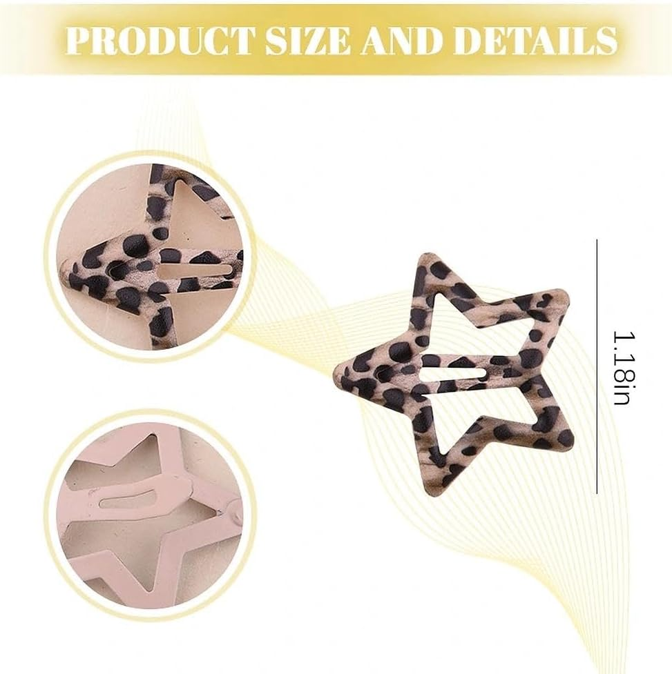 Leopard Print Star Snap Hair Clips for Teen Girls Women Non Slip Clips Barrettes Set of 8 Metal Brown Cheetah Leopard Hairpins Headpiece Aesthetic Edgy Star Hair Accessories image number 4