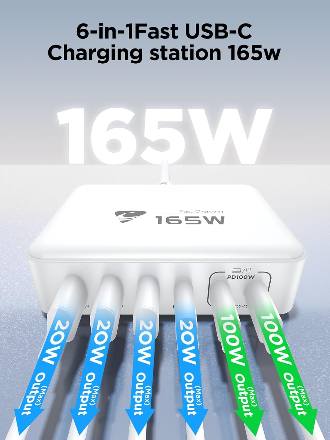 Aioneus USB C Fast Charger, 165W Portable Charging Station Hub Block, 6 Port Gan Multi Wall Charger Power Strip Adapter Plug for Iphone 16 15 14 13 12 Pro Max Samsung Galaxy, Google Pixel, Ipad image number 5