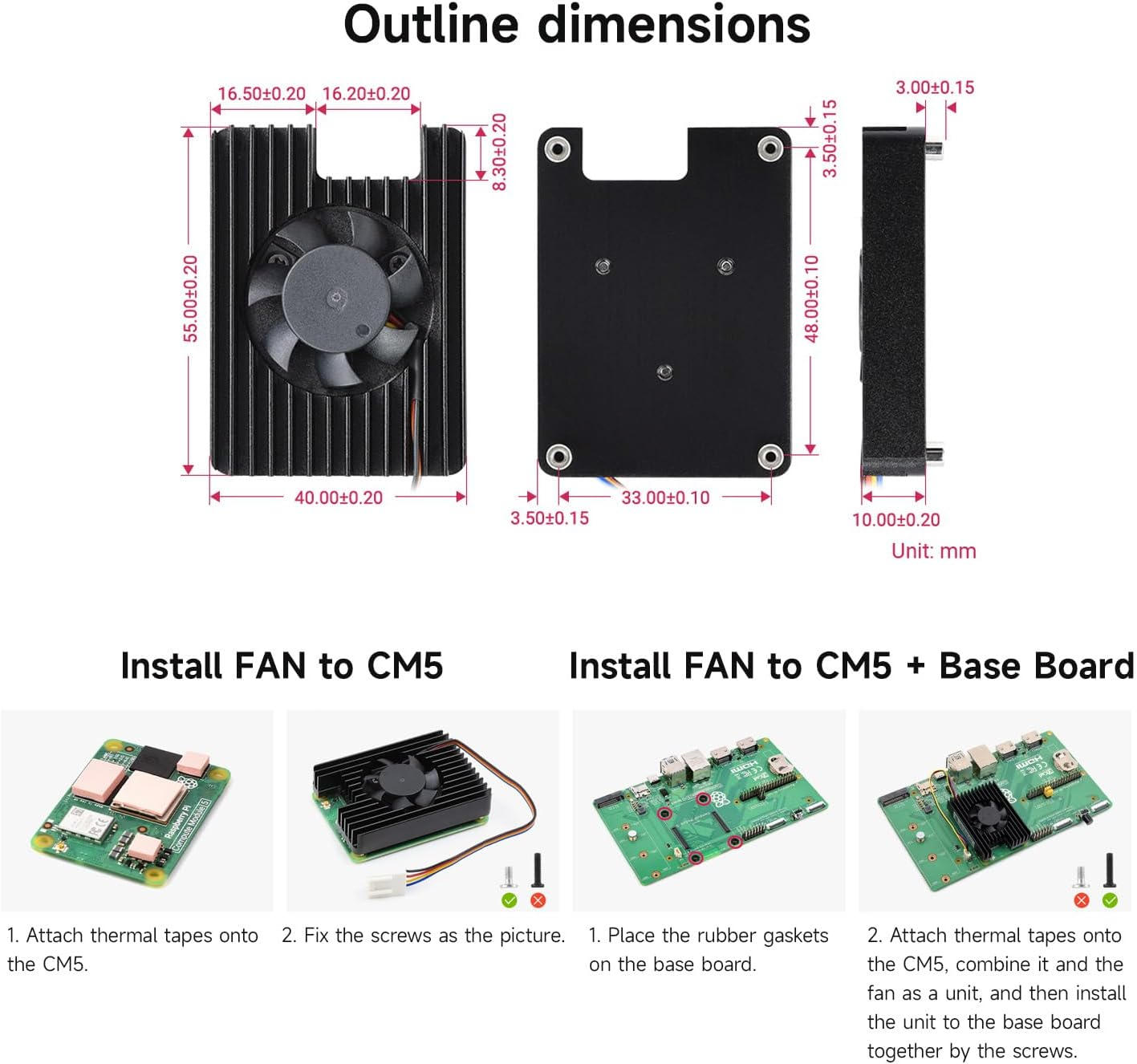 Waveshare CM5 Dedicated All-In-One 3007 Cooling Fan, Compatible with Raspberry Pi Compute Module 5, 5V Power Supply, Speed Adjustable, with Thermal Tapes image number 3
