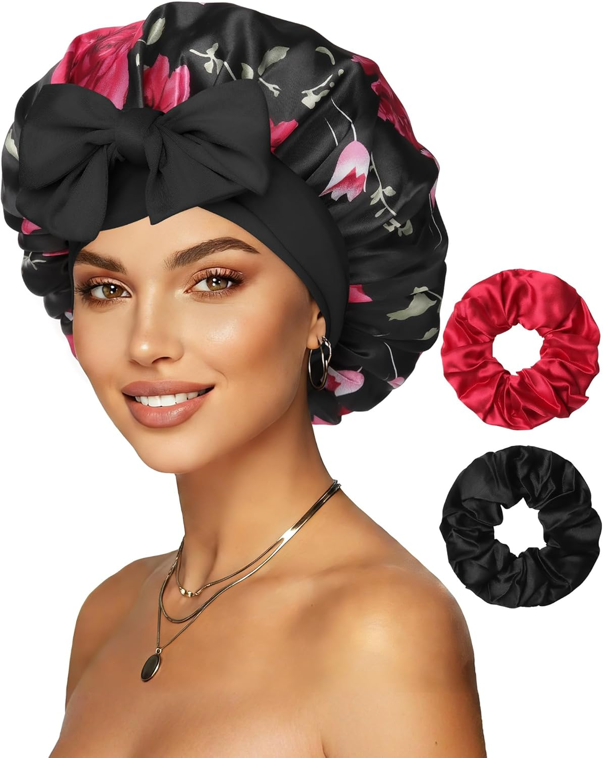 Reversible Satin Bonnet for Sleeping Women Double Layer Hair Bonnet with 2PCS Hair Scrunchies Elastic Tie Band Night Cap, Apricot Powder+Champagne