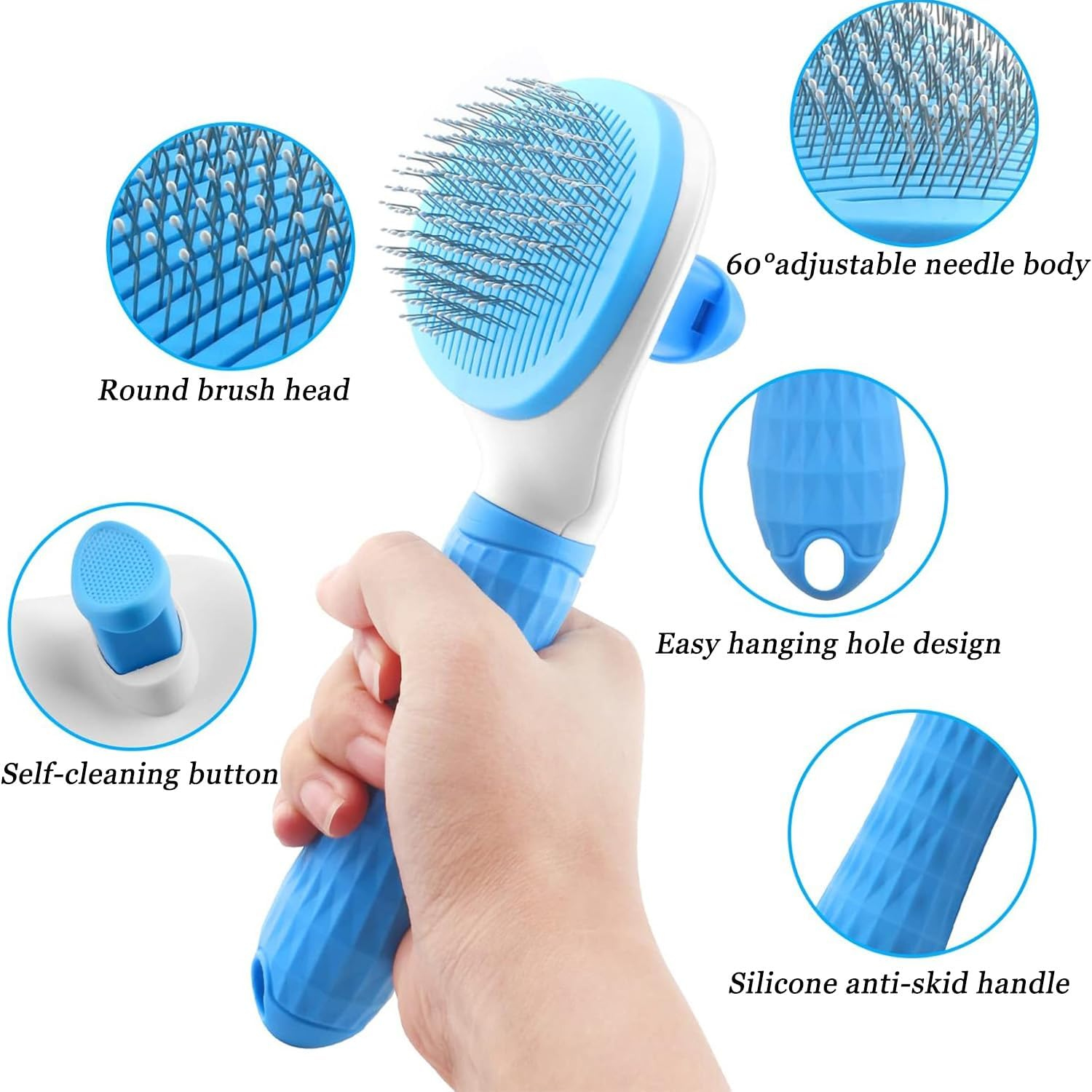 Dog Brush Cat Grooming Comb Self-Cleaning Pet Slicker Brushes Dogs Grooming Tool with Cleaning Button Cat Shedding Tools for Long Short Haired Dog Cats Remove Loose Fur Undercoat Tangled Brush (Blue) - Pink image number 7