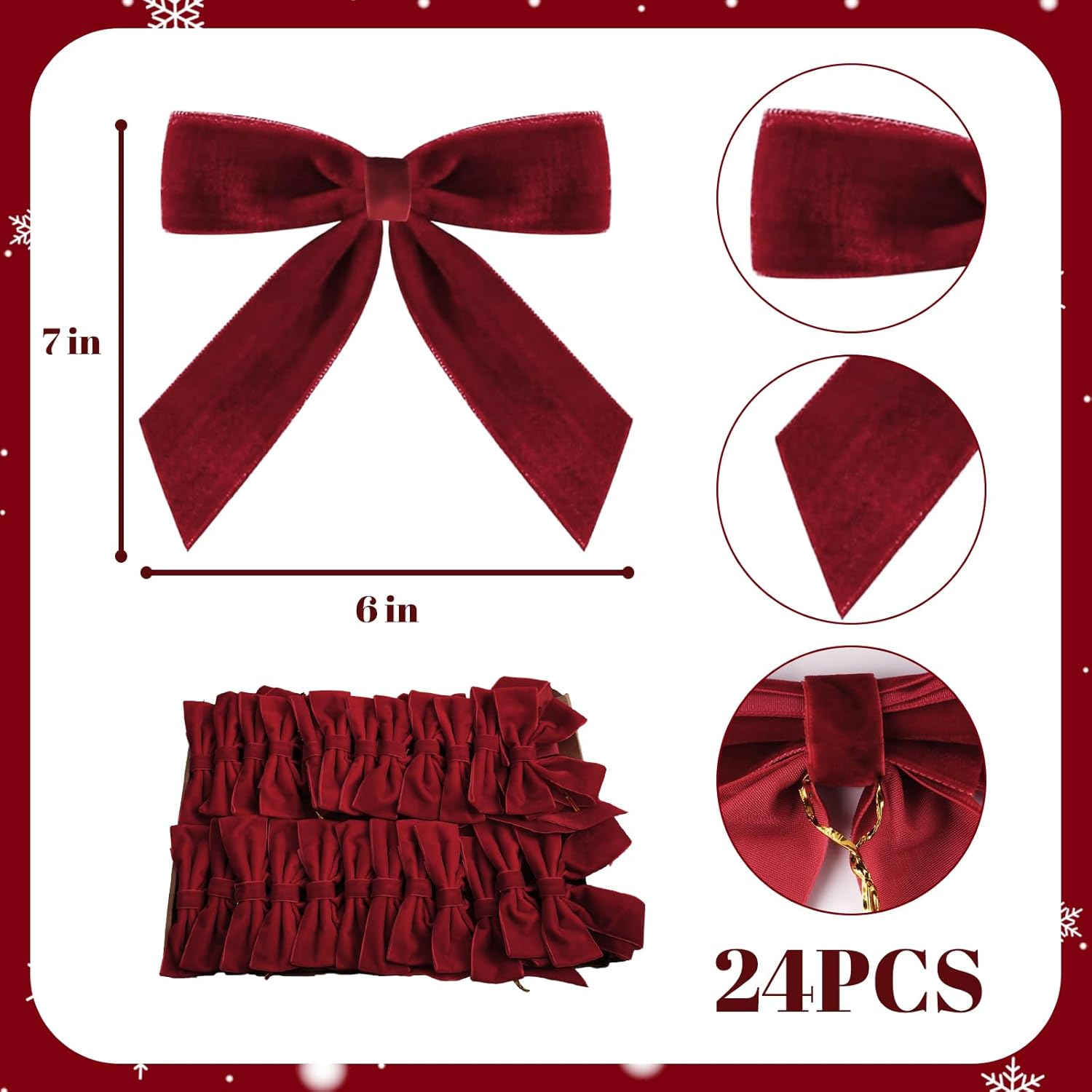 Christmas Decorations - Christmas Bows - 24 Pcs 7 X 6 Inch Medium Wine Red Velvet Bows for Christmas Tree - Burgundy Xmas Ribbon Ornaments - Home Decor for Wreath Garland Gift Wrapping Wedding Party image number 1