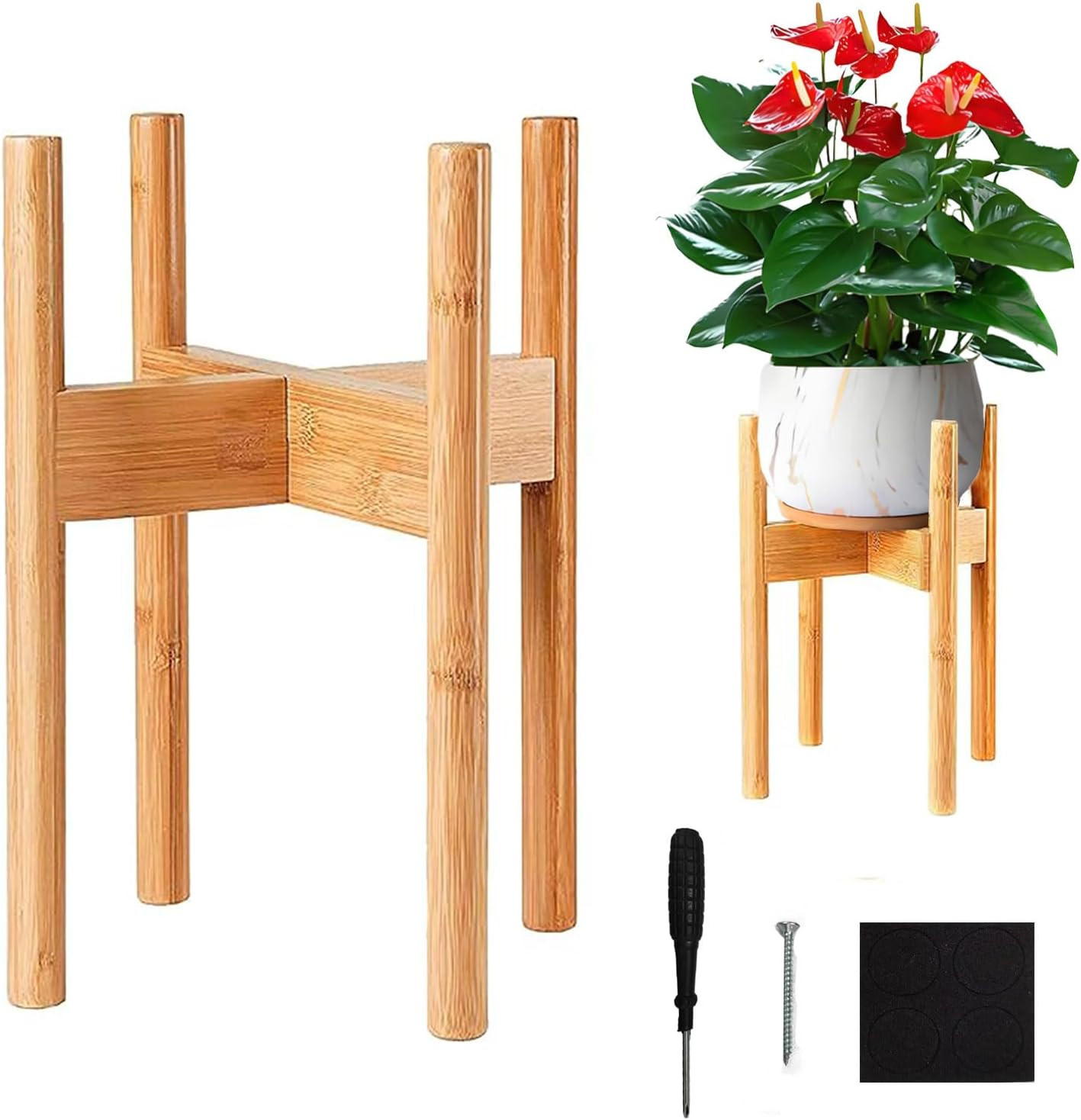 Adjustable Indoor Plant Stand, Small Corner Bamboo Wooden Planter Stand, Single Floor Planter Holder, Mid Century Modern Plant Shelf for Living Room Balcony Bedroom, Fits 8-11In Flower Potts image number 3