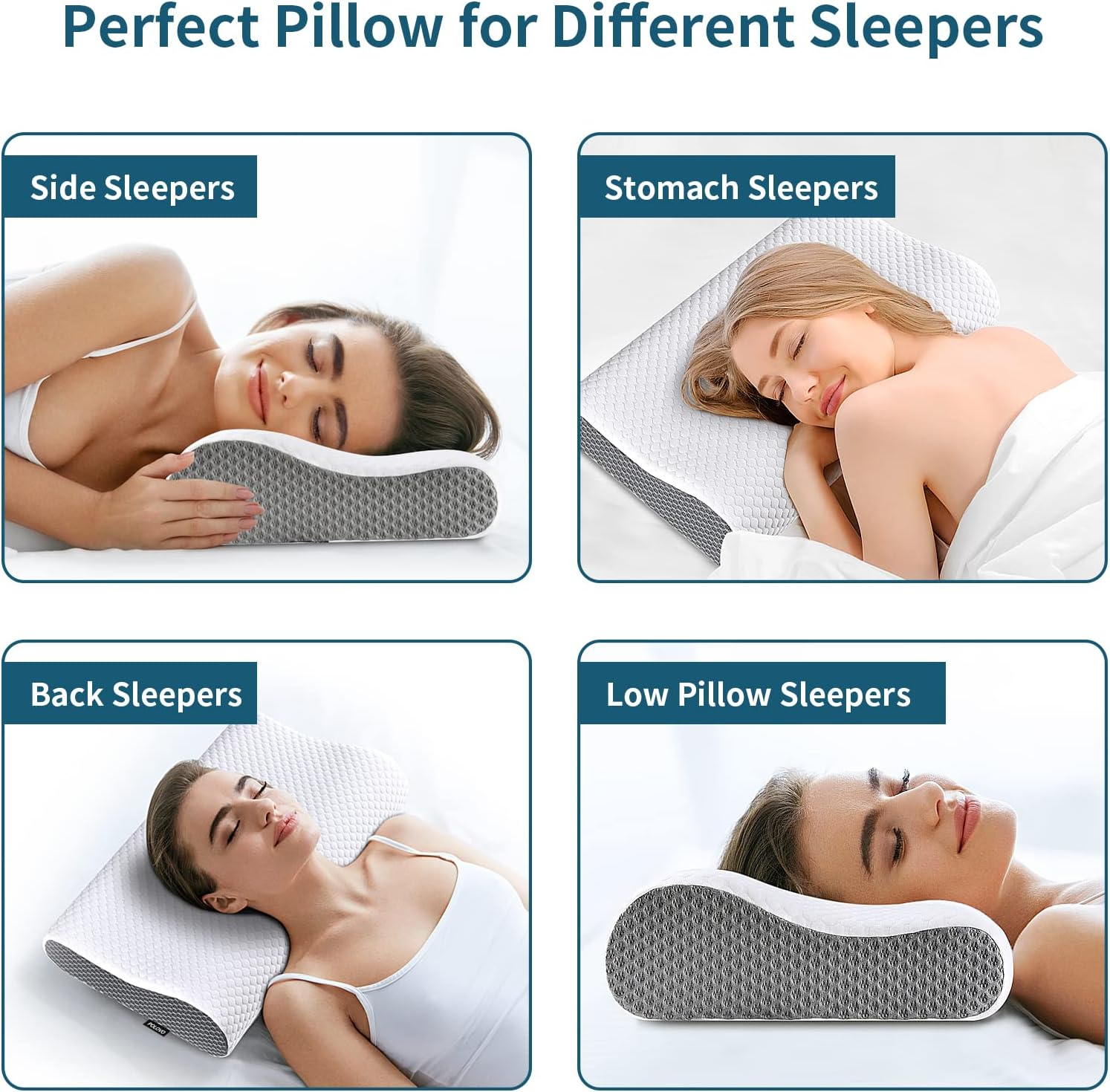 Polovo Neck Contour Memory Foam Pillows for Pain Relief Bed Pillow Sleeping, Ergonomic and Shoulder Pain, Orthopedic Cervical Side Back Stomach Sleeper, White&Grey, (KD220) image number 2
