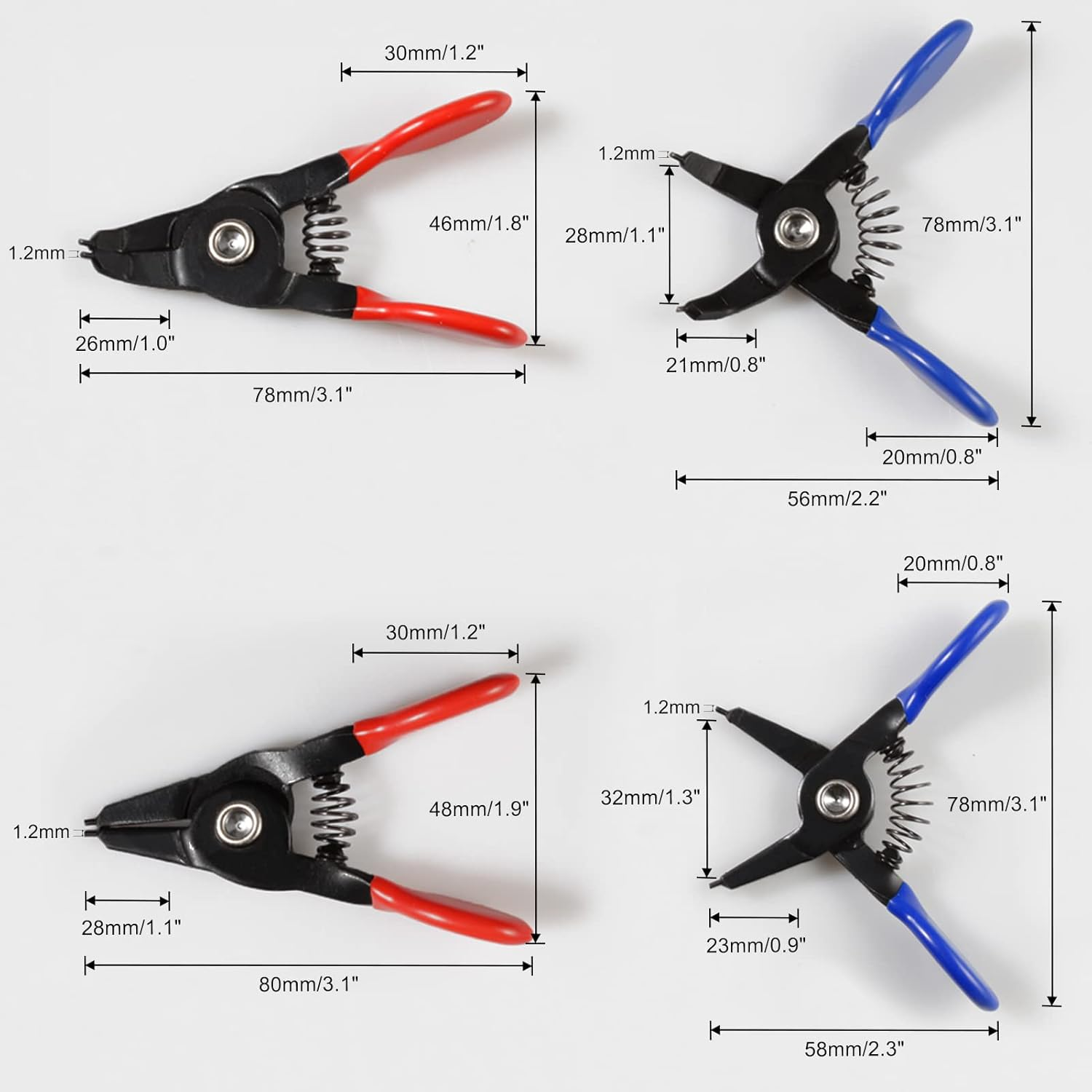 LEONTOOL 4 Pcs Mini Snap Ring Pliers Set, 3" Internal and External Circlip Pliers, Straight and 45&deg; Angle Jaws, Tip Diameter 0.04" Retaining Ring Pliers image number 3