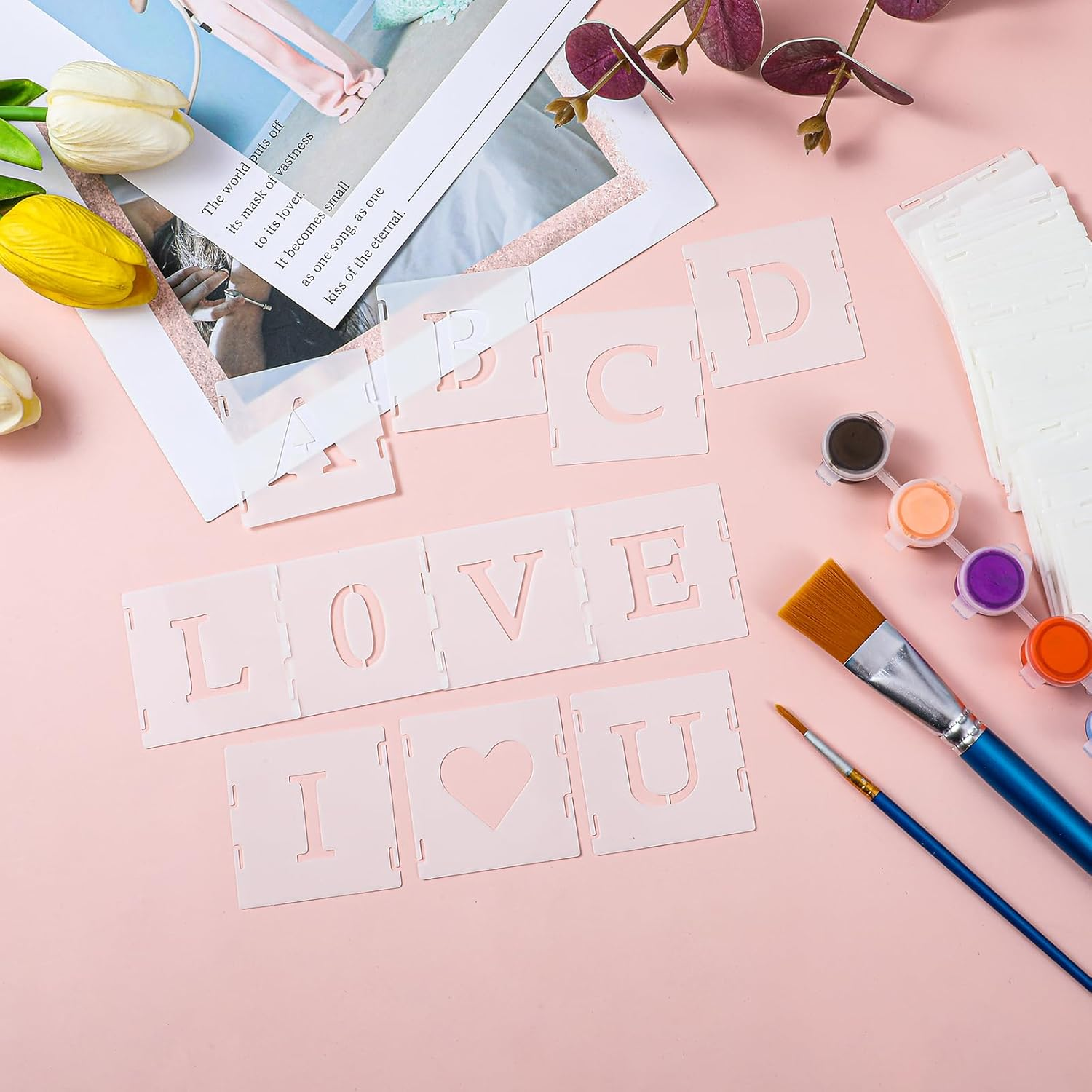 YUXIANLB 65 Pcs 1 Inch White Alphabet Letter Stencils Plastic Letter Number Symbol Interlocking Drawing Template Kit for Painting on Wood Wall Fabric Rock Signage Door Porch DIY Art Projects image number 3