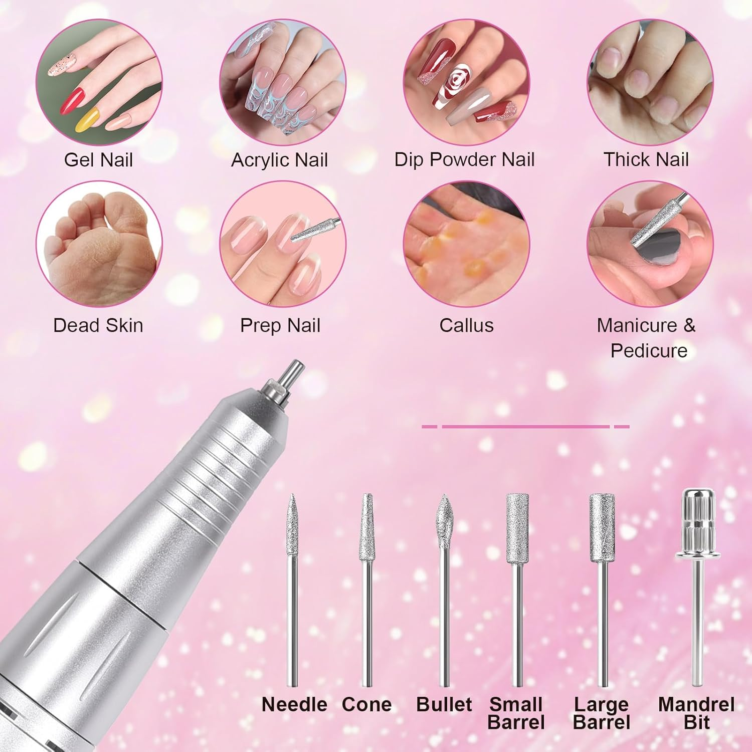 Siyuwuro Portable Nail Drill 45000 RPM Professional Cordless Rechargeable Electric Nail File for Removing Polishing Acrylic Gel Nails with 6 Drill Bits & Sanding Bands, Nail Salon Home Use (Pink) - Purple image number 5