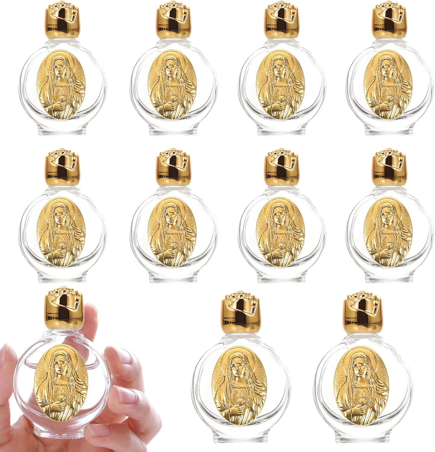 12 Pcs Embossed Holy Water Bottles 0.5 Floz Glass Water Bottle Portable Holy Water Container Church Blessing Decorations Bottles for Home Wedding Baptism Party Favors(Gold,Immaculate Heart of Mary) image number 4