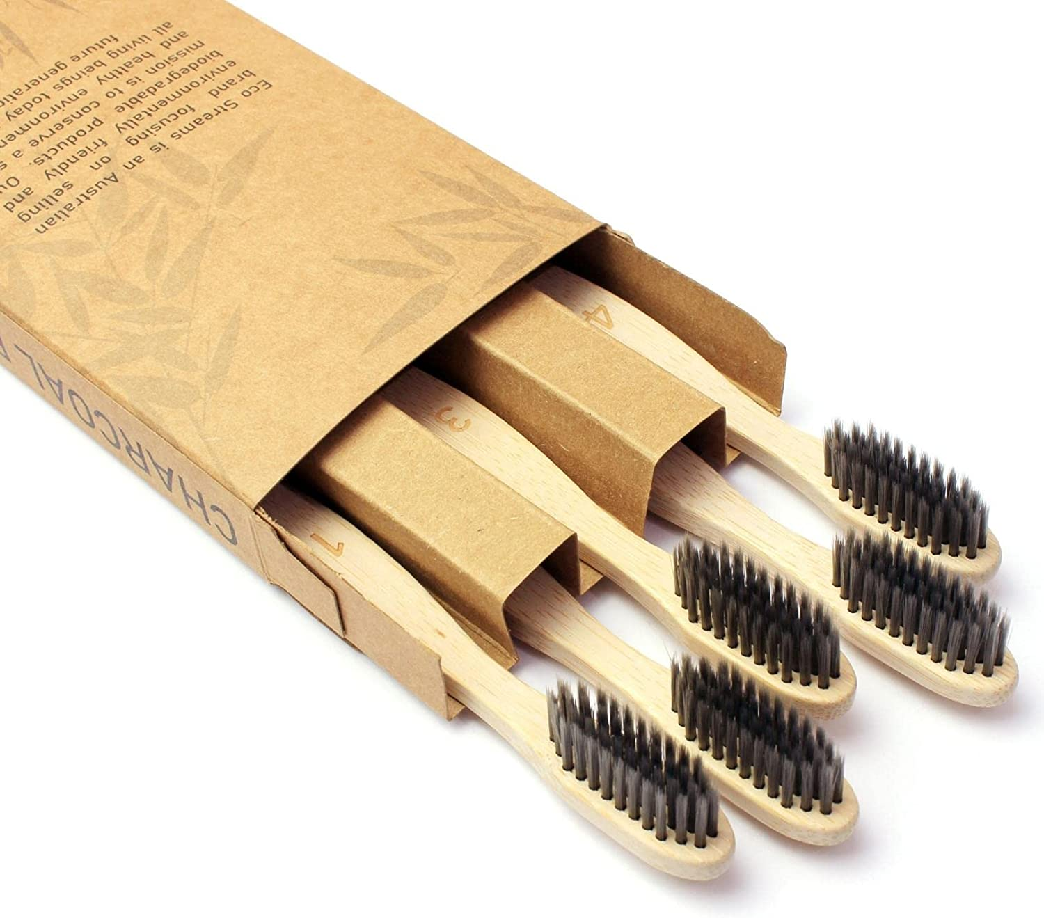 Australian Owned - Eco Streams Biodegradable Adult Bamboo Toothbrushes (Set of 5) - Soft Charcoal Infused BPA Free Bristles - Biodegradable Handle image number 5