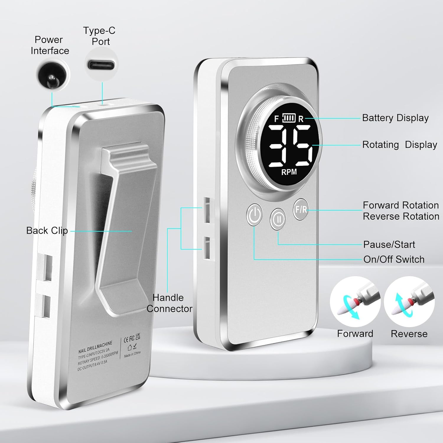 Welan Electric Nail Drill, Cordless Nail Drill Professional Machine, 35000 RPM Electric Nail Efile for Acrylic & Gel Removal, Rechargeable Portable Manicure Pedicure Tool with 12 Bits and Decorations image number 3