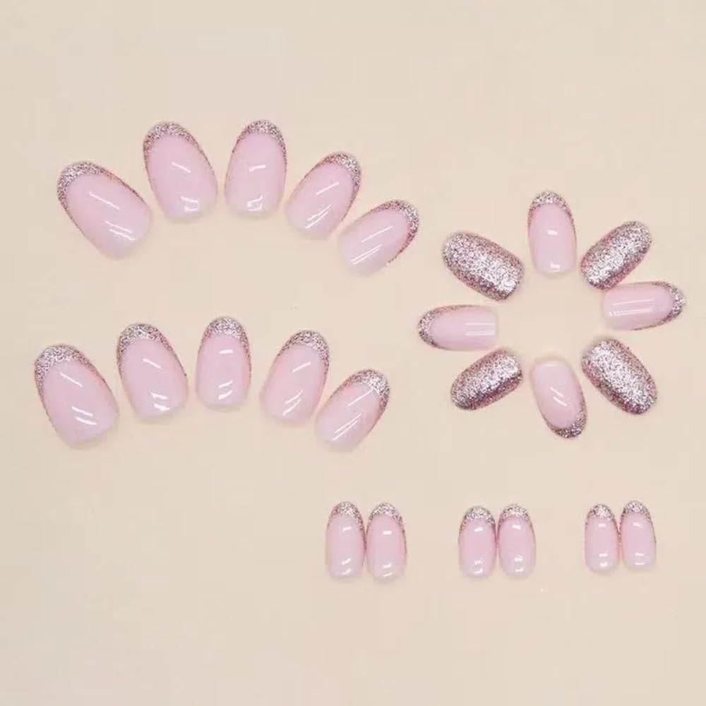 Ztcily False Nails Short Almond Pink False Nails Oval Short Shiny False Nails for Women Girls Accessories for Christmas Valentine'S Day Wedding