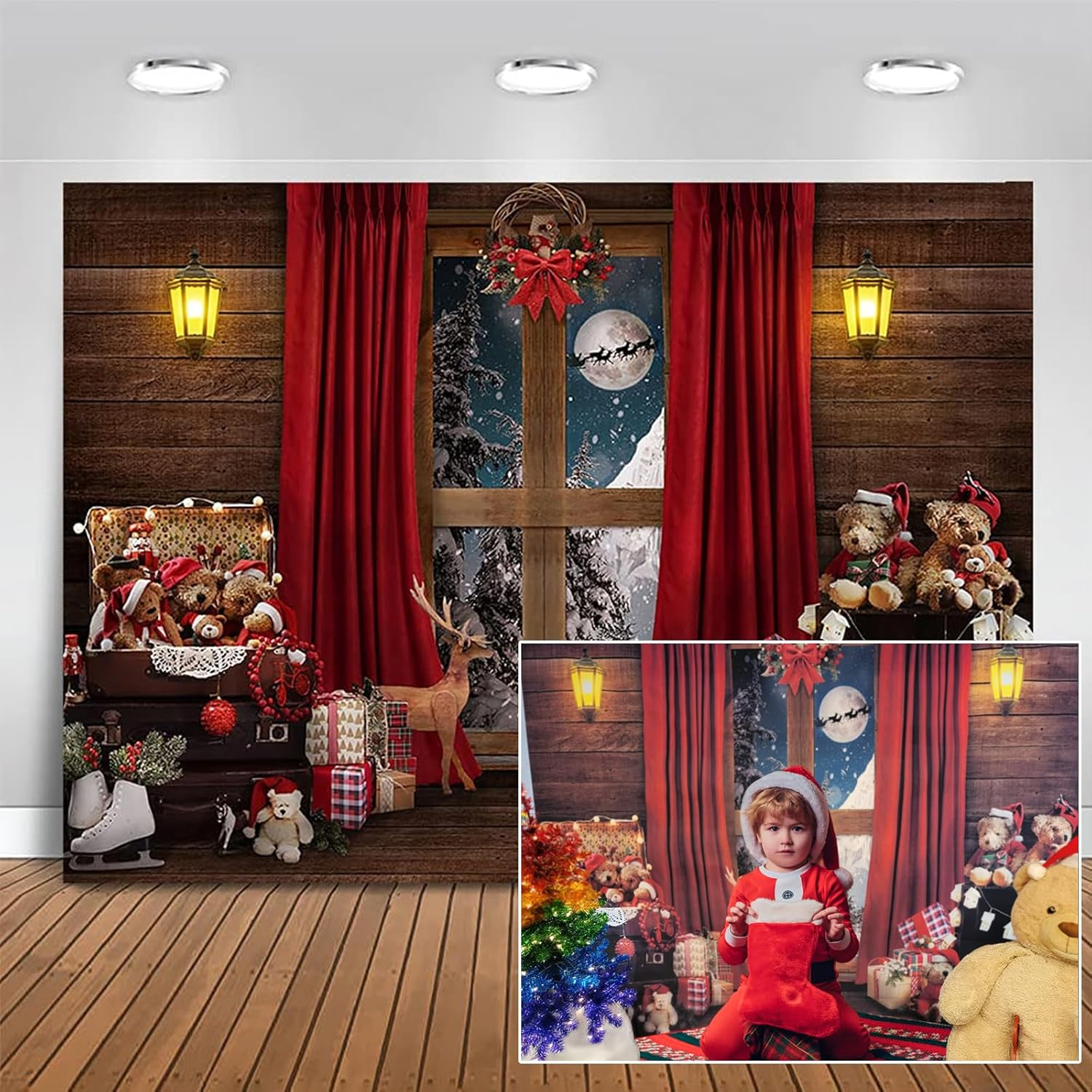 Mocsicka Christmas Window Backdrop Santa Gifts Bear Christmas Window Decorations for Baby Family Kids Indoor Xmas Tree New Year Holiday Photography Background (7X5Ft (82X60 Inch)) image number 2