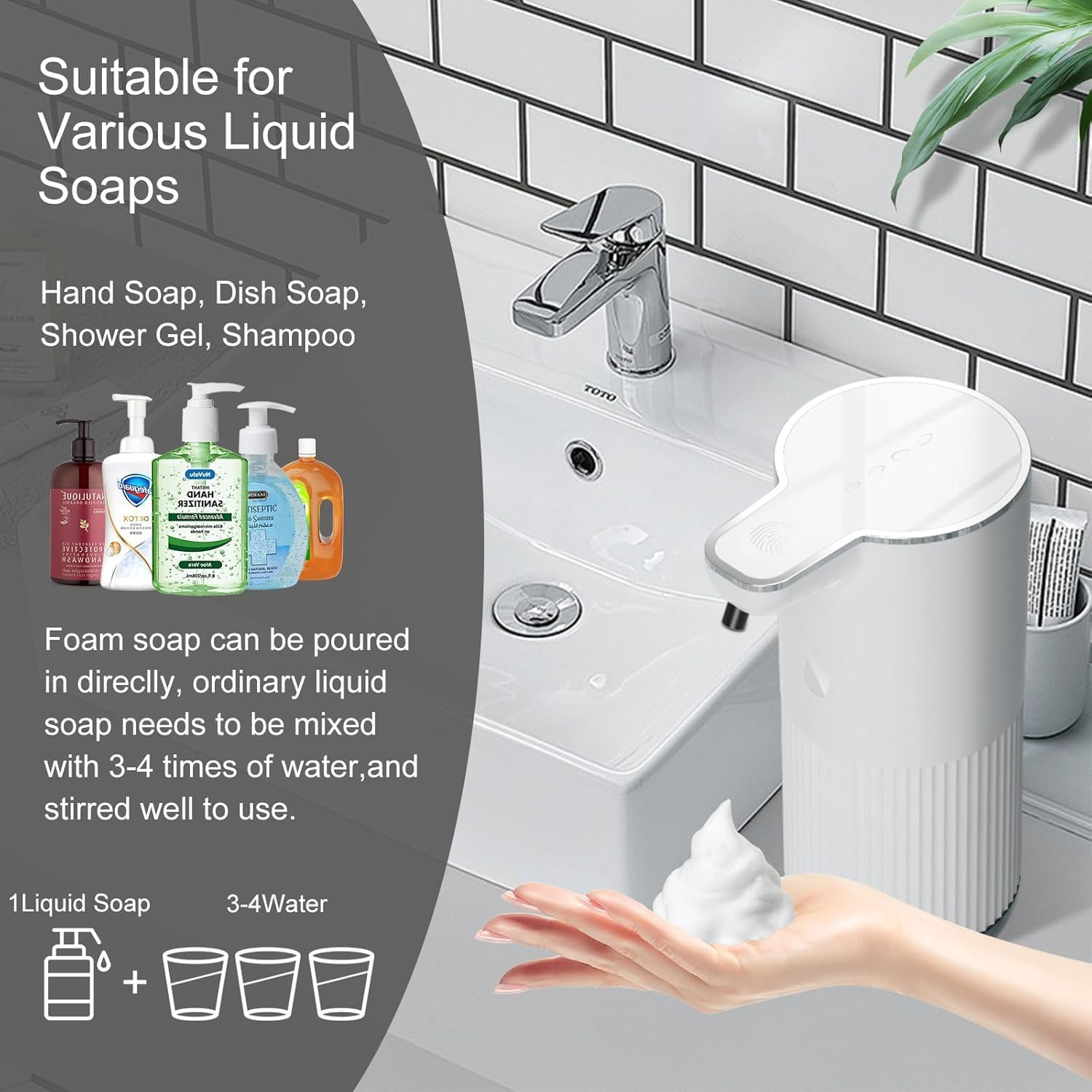 YVXUN Automatic Foaming Soap Dispenser,Touchless Hand Sanitizer Dispenser Electric,Hand Soap Dispenser 4-Level Adjustable,Foam Soap with USB C Rechargeable for Kitchen,Bathroom,Hotel,Restaurant(White) image number 6