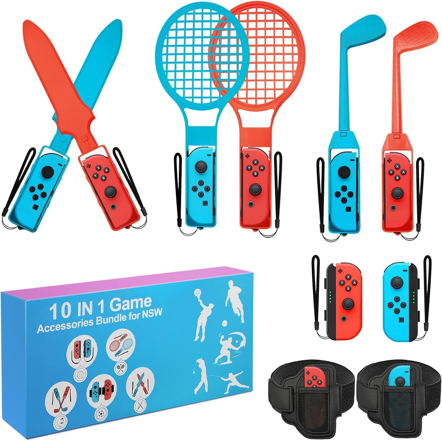 10 in 1 Switch Sports Accessories Bundle for Nintendo Switch, Family NS Sport Game Switch OLED Kits with Tennis Rackets, Golf Clubs, Chambara Swords, Soccer Leg Straps & Joycon Grips image number 2