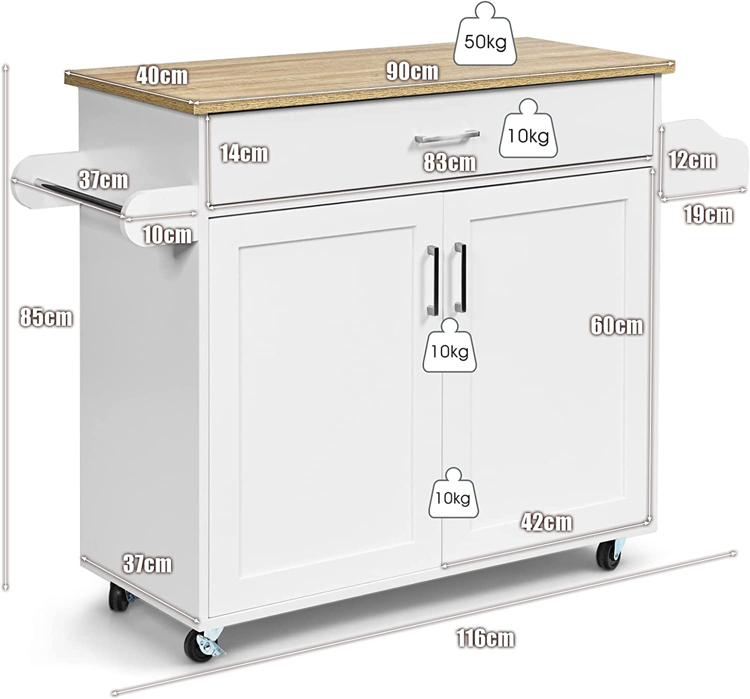Giantex Wooden Rolling Kitchen Island, Storage Cart Trolley W/Adjustable Shelf, Spice Storage Sgelf, Towel Rack & Drawer, Utility Buffet Cabinet W/Beech Top for Kitchen Dinning Room Canteen, White - Grey image number 6