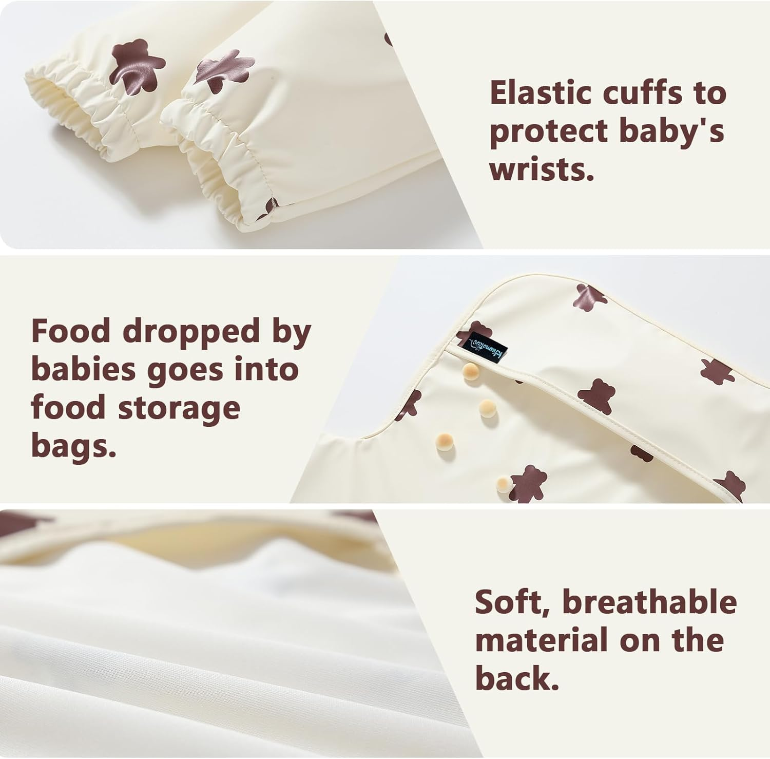 Hiumotan Feeding Bib & Baby Bib with Long Sleeves & BLW, Soft and Skin-Friendly Material, Coverall Bibs for Baby Feeding, Waterproof and Easy to Clean & Machine Washable, for Infant Toddlers - Beige image number 7