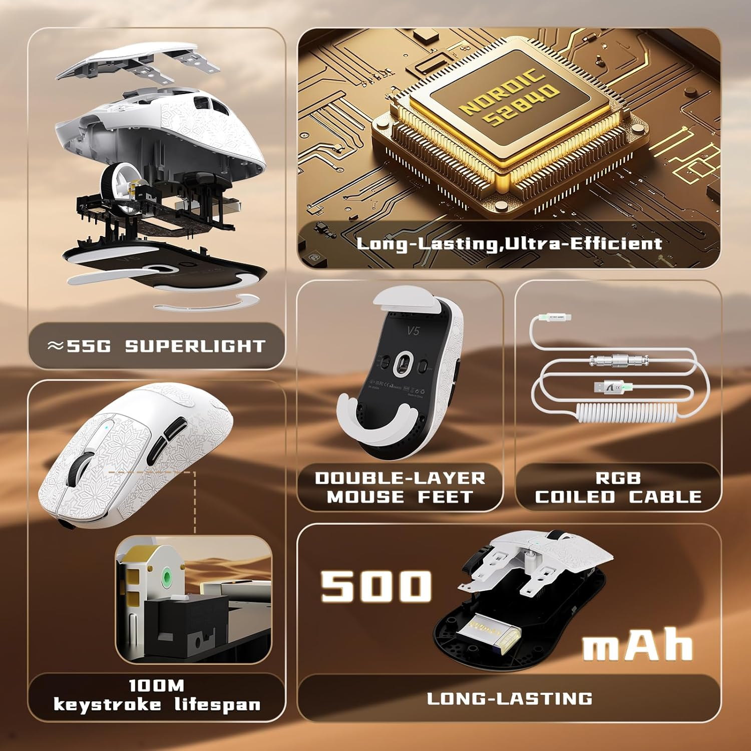 ATTACK SHARK V5 Wireless Gaming Mouse 55G Ultra-Lightweight PAW3950MAX 42K DPI Sensor 8000Hz Polling Rate Tri-Mode-Bluetooth/2.4Ghz/Wired Mice with Coiled Cable for Large Hand-White&Tape - White image number 7