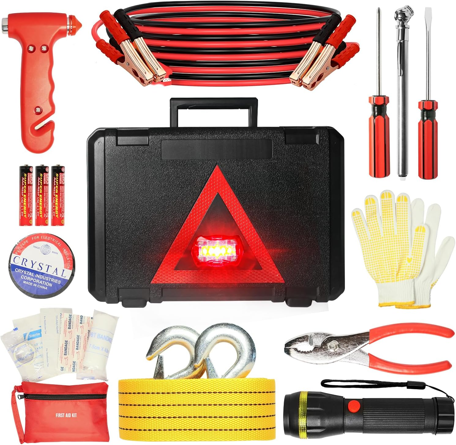 Car Emergency Kit, Roadside Emergency Car Kit with Warning Light Reflective Triangle, Jumper Cable, Tow Strap, Flashlight, First Aid Kit, Tire Pressure Gauge, Safety Hammer Car Tool Kit