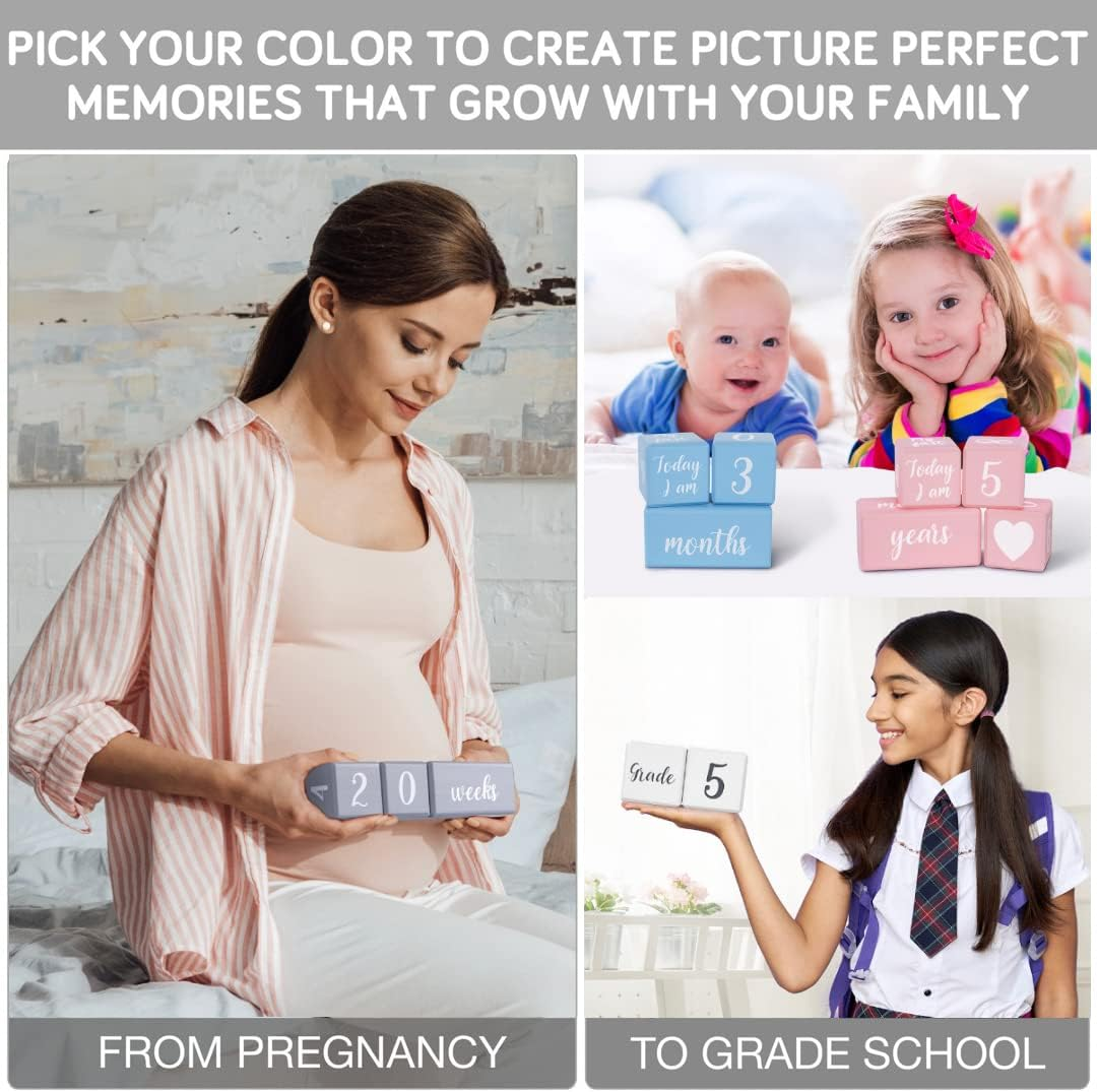 Pink Baby Monthly Milestone Blocks with Bag. Baby Age Blocks for Girl or Boy Baby Photo Props and Baby Shower. Month Baby Milestone Blocks with Grammatically Correct Month and Year