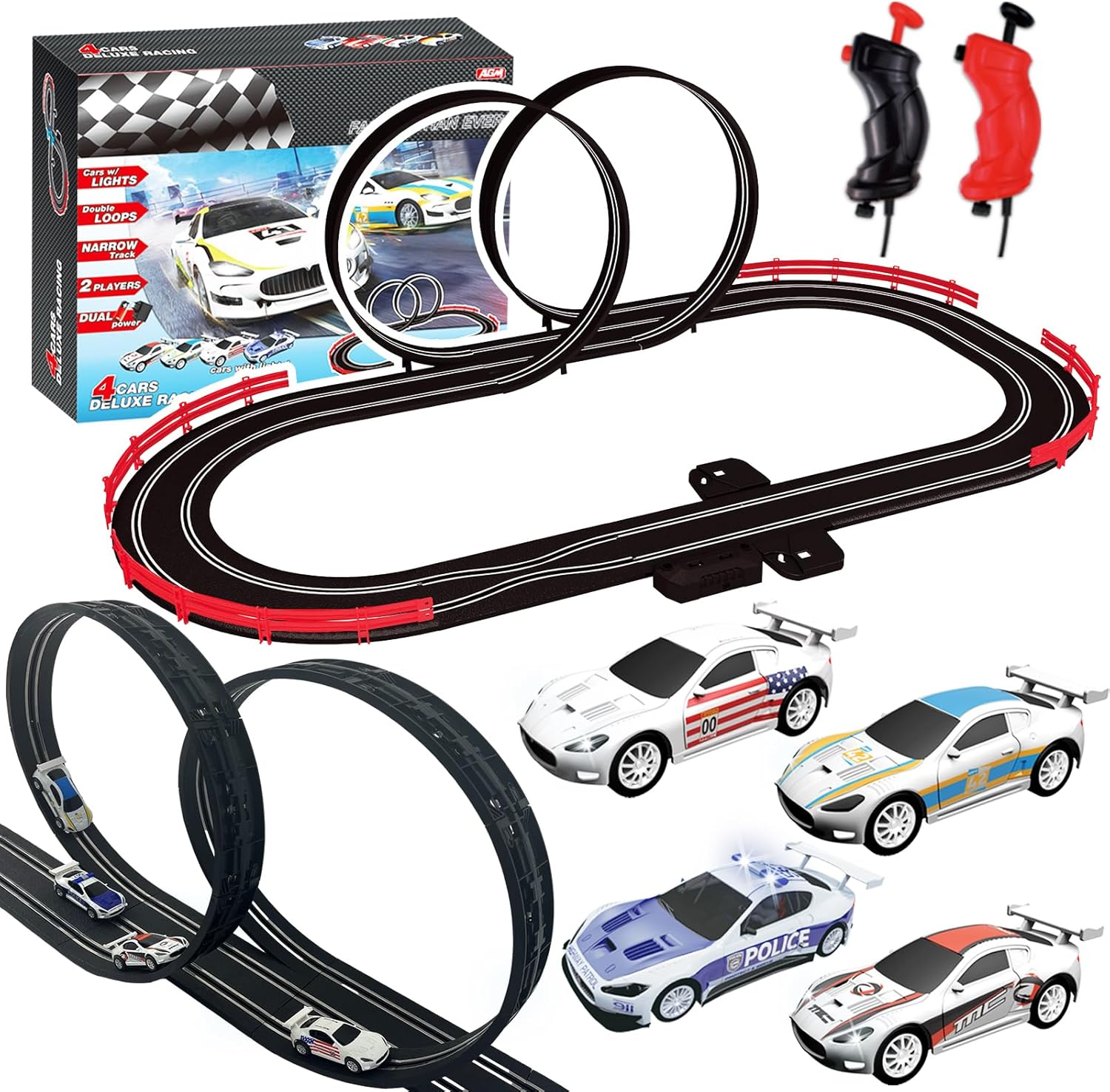 Slot Car Race Track Sets with 4 Light-Up Slot Cars, Battery or Electric Car Track, 2 Adjustable Speed Hand Controls, Track Parts and Lap Counter, Gifts Toys for Boys Girls Kids Age 4 5 6 7 8-12 image number 4