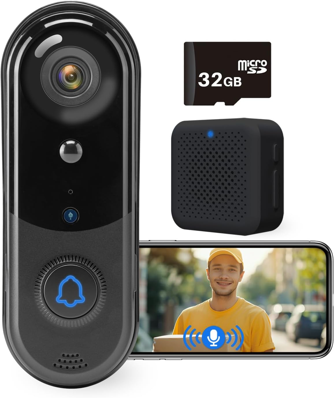 FHD Video Doorbell Camera with 32 GB SD Card, Wireless Doorbell Camera Outdoor, No Monthly Fee, Indoor Chime, 2.4G Wifi, IP65 Waterproof, Night Vision, Ai Human Detection, SD Card/Free Cloud Storage image number 2