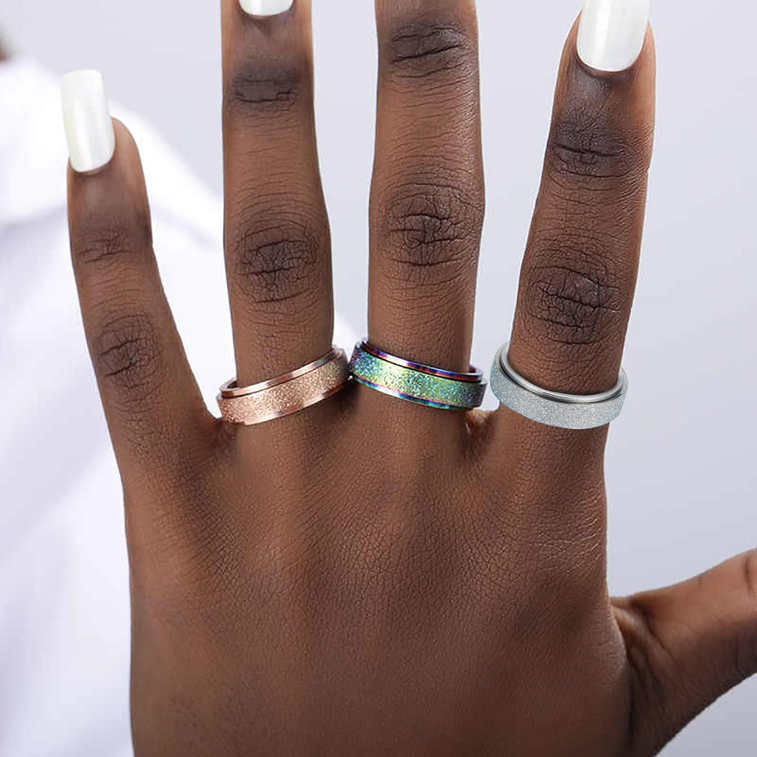 Spinner Ring for Women Anxiety Relief - 3Pcs 6MM Stainless Steel Sand Blast Glitter Finish Rose Gold Silver Rainbow Color Fidget Ring Band Set (8)