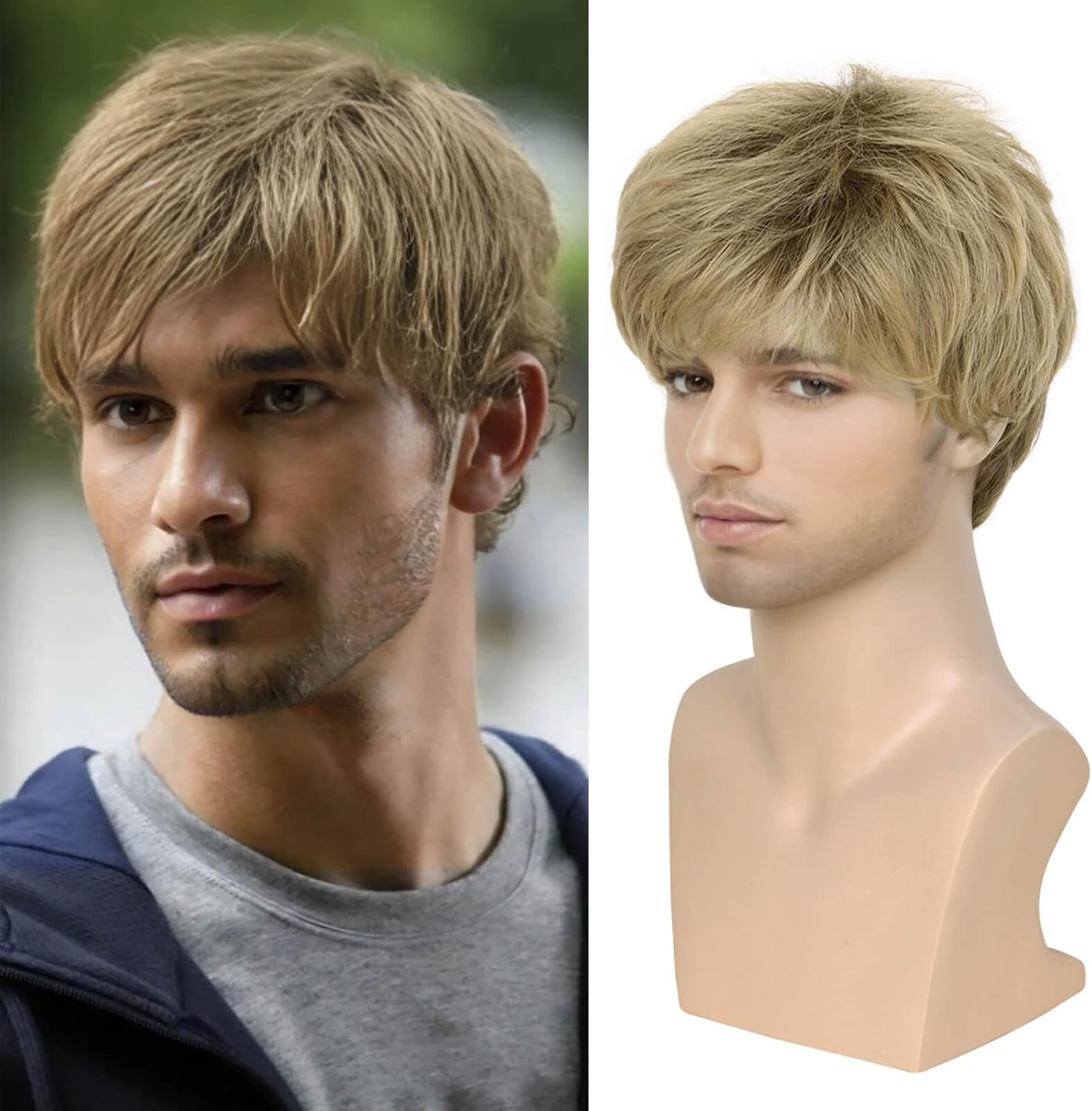 QUEENTAS Men Wig Short Blonde Brown Wigs for Men Natural Cosplay Synthetic Hair Wig image number 5