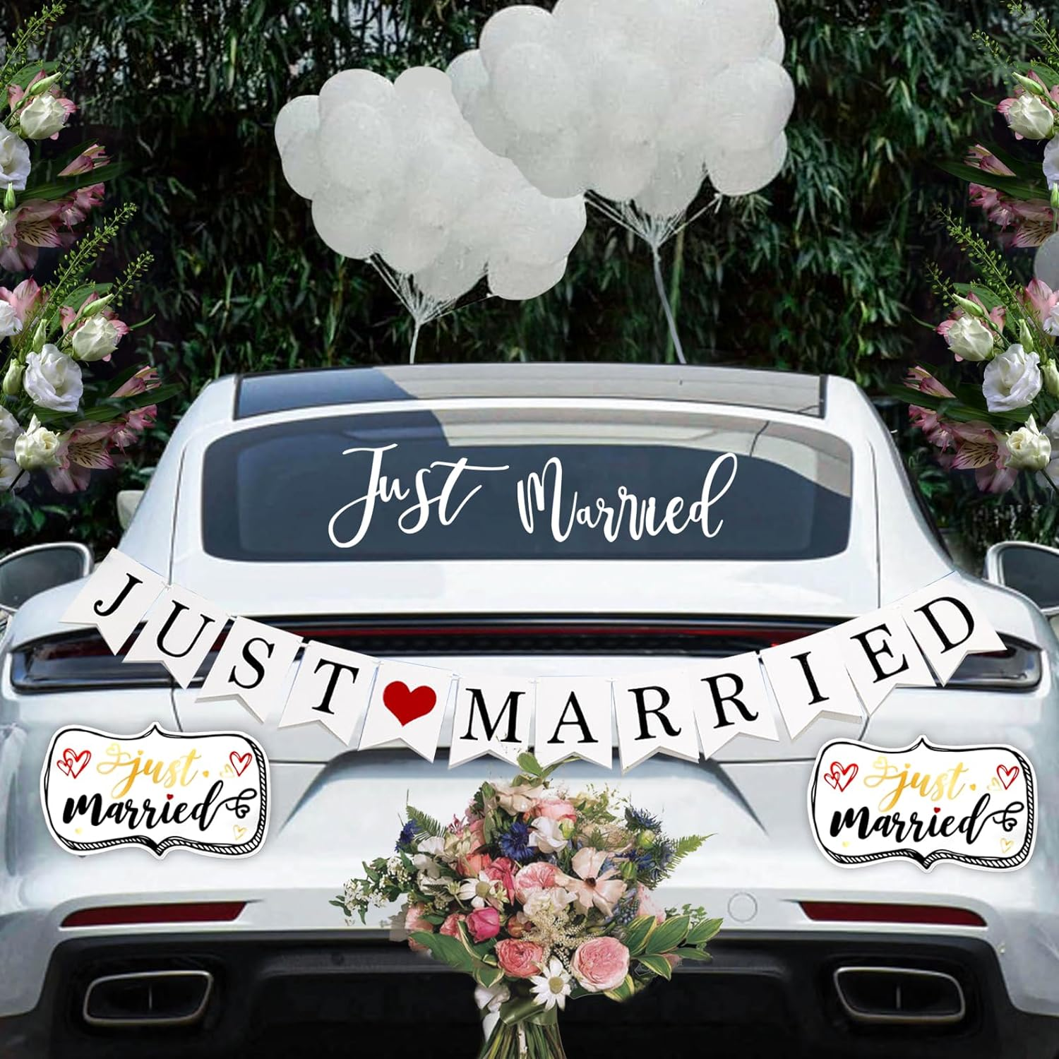 4 Pcs Just Married Wedding Car Decorations - Include Just Married Ornate Car Magnets 12X7, Just Married Car Wedding Day Car Window Decals 22.4X5, Just Married Sign Banner Car for Honeymoon Wedding image number 2