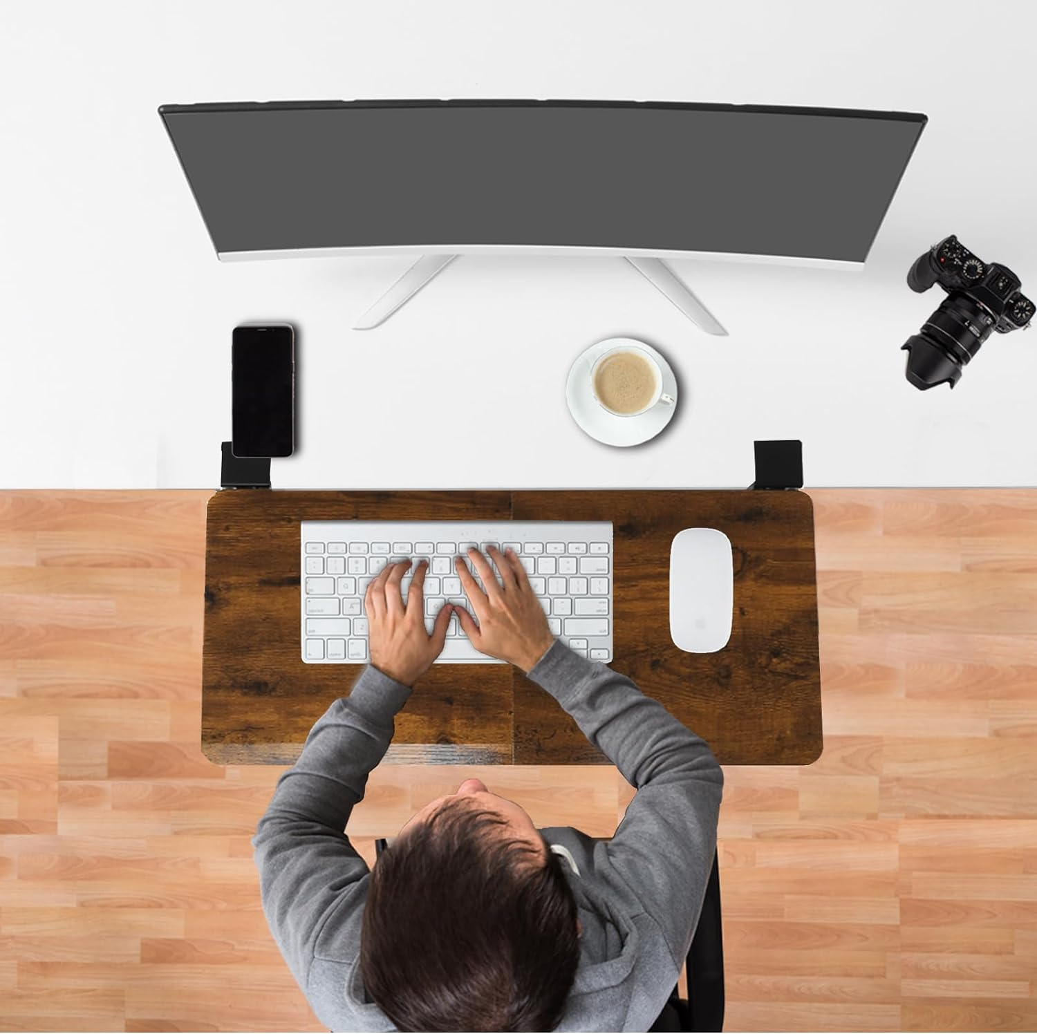 ETHU Ergonomics Desk Extender Tray, Large-Size Foldable Keyboard Tray Clamp On, Table Mount Desk Extender Shelf under Desk Armrest Support for Desk (Wood) image number 2