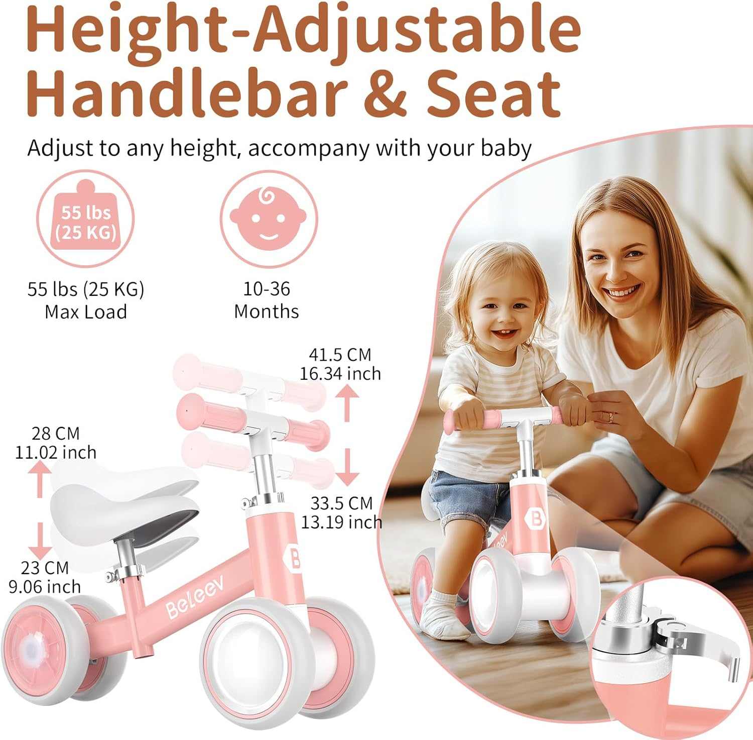 BELEEV B3 Colorful Lighting Balance Bike for 1-3 Year Old Boy Girl, Light-Up Wheels, Adjustable Seat & Handlebar, 135&deg; Safe Limited Steer, Soft Seat, Toddler Baby Bike First Birthday Gift 10-36 Month