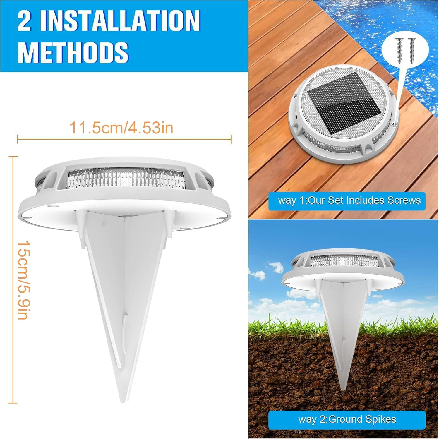 2 Pack Solar Deck Lights | Solar Driveway Lights with 2 Color Modes, IP68 Waterproof, Outdoor LED Dock Marine Marker for Step, Sidewalk, Pathway, Patio image number 2