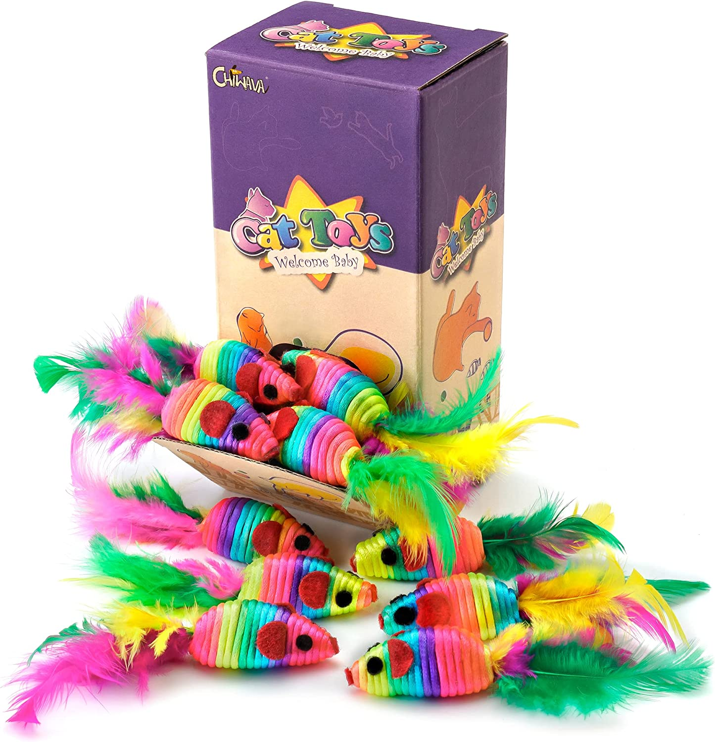 Chiwava 24PCS 5" Rattle Cat Toys Mice with Feather Rainbow Rope Mouse Kitten Interactive Toy Assorted Color image number 4