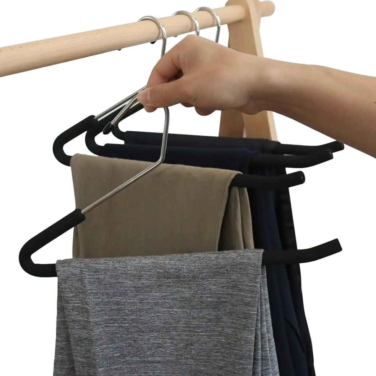 AIMALL 10-Pack Non-Slip Pants Hangers, 13 X 7.5 Inches, Multi-Functional Sponge-Arm Trouser Rack with Open Design for Closet Organisation image number 4