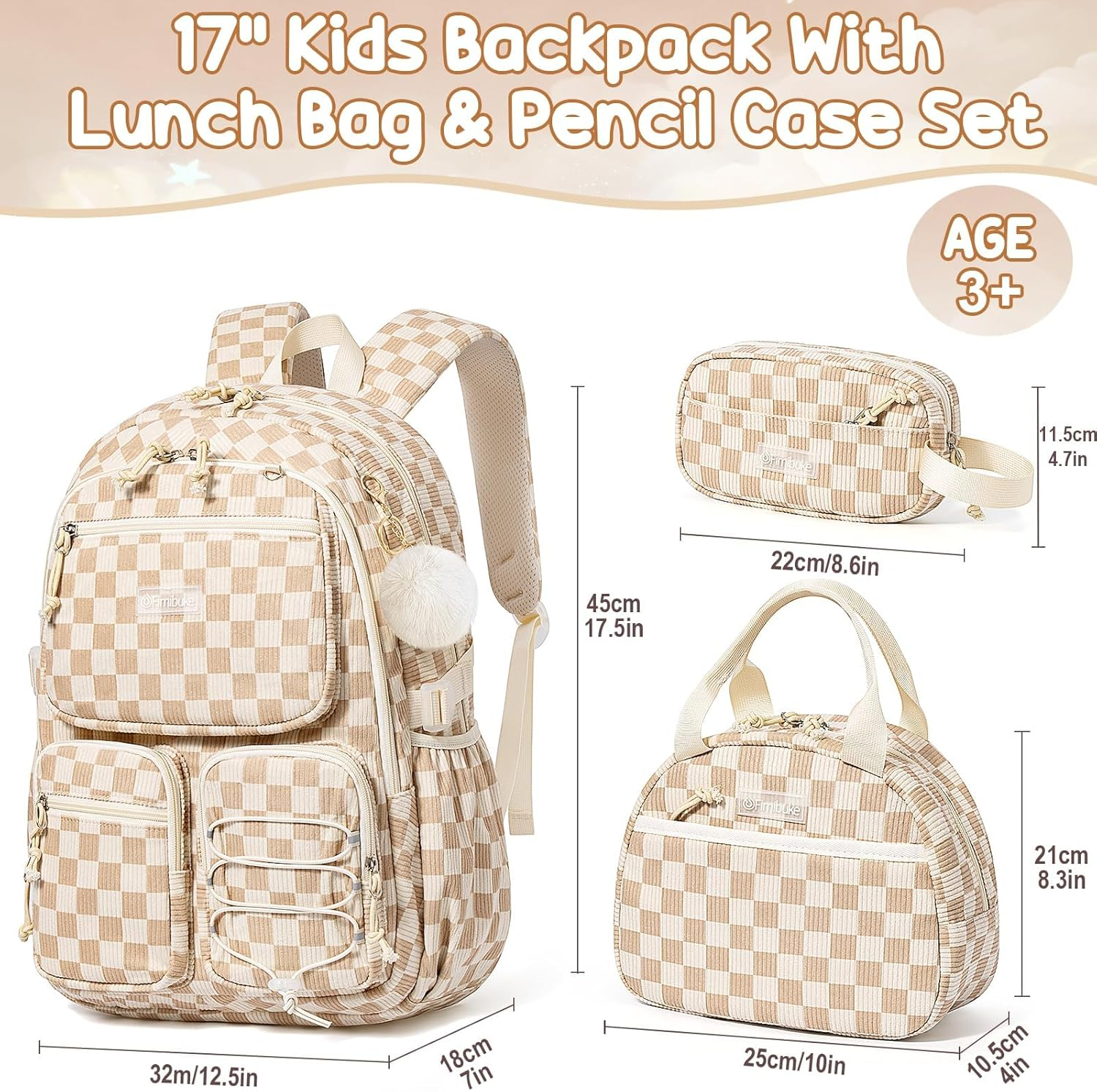 Fimibuke School Backpack for Teen Girls Boys Kids School Book Bags with Lunch Box Pencil Bag for Elementary High School - Beige Strawberry image number 6