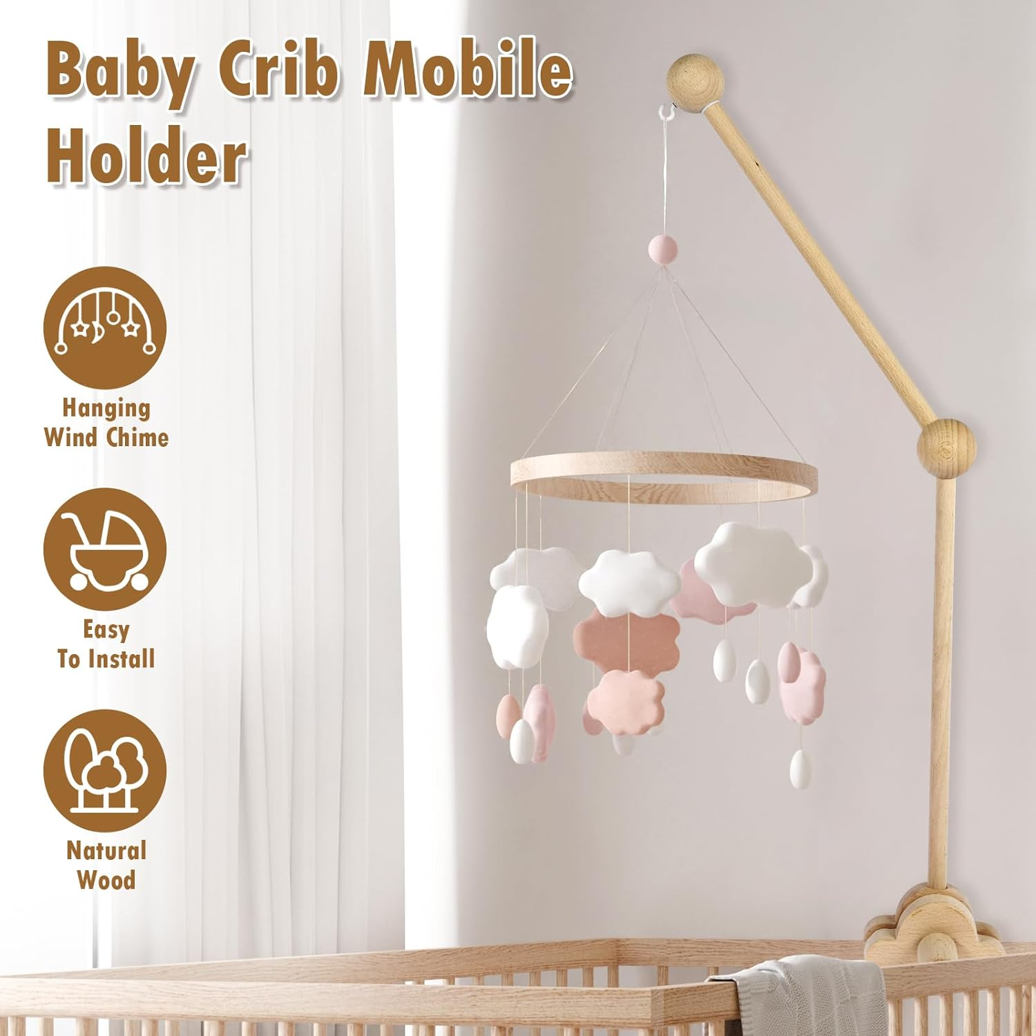 27Inch Baby Crib Mobile Arm，Wooden Mobile Arm for Crib Baby Nursery Mobile Hanger for Crib, Adjustable Angle Height Cot Mobile Holder for Crib Mini Crib Mobile Arm(Log Color) - White image number 7