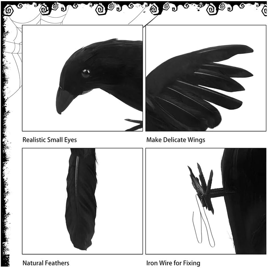 4 Pcs Halloween Crows Realistic Feather Crows Artificial Ravens Spooky Black Feather Crow Bird for Indoor Outdor Party Prop Decorations (Black) image number 1