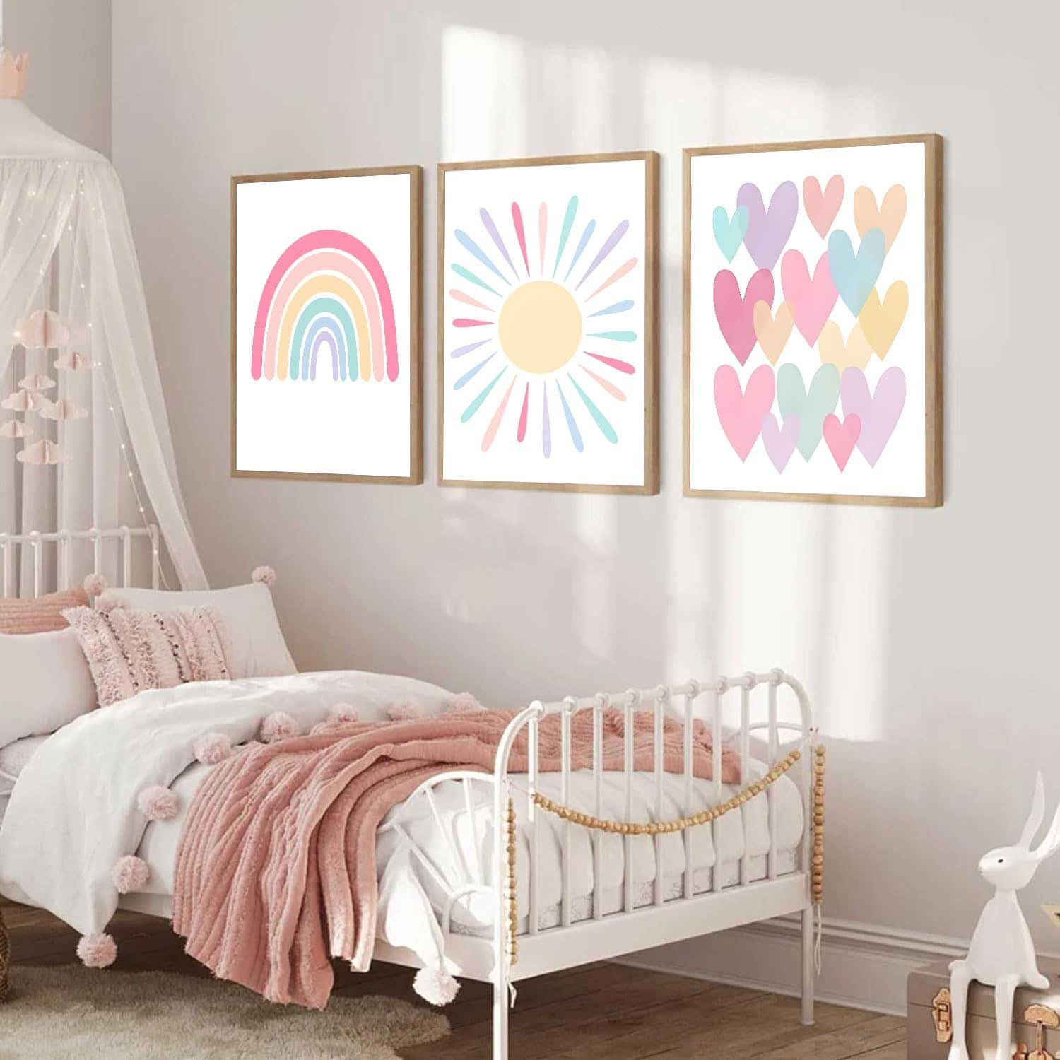 3Pcs Pink Nursery Canvas Wall Art Pastel Rainbow Sun Hearts Posters Prints Boho Pink Sunshine Painting Wall Decor Pictures for Toddler Girls Baby Kids Room Decoration, Unframed 12X16In image number 1