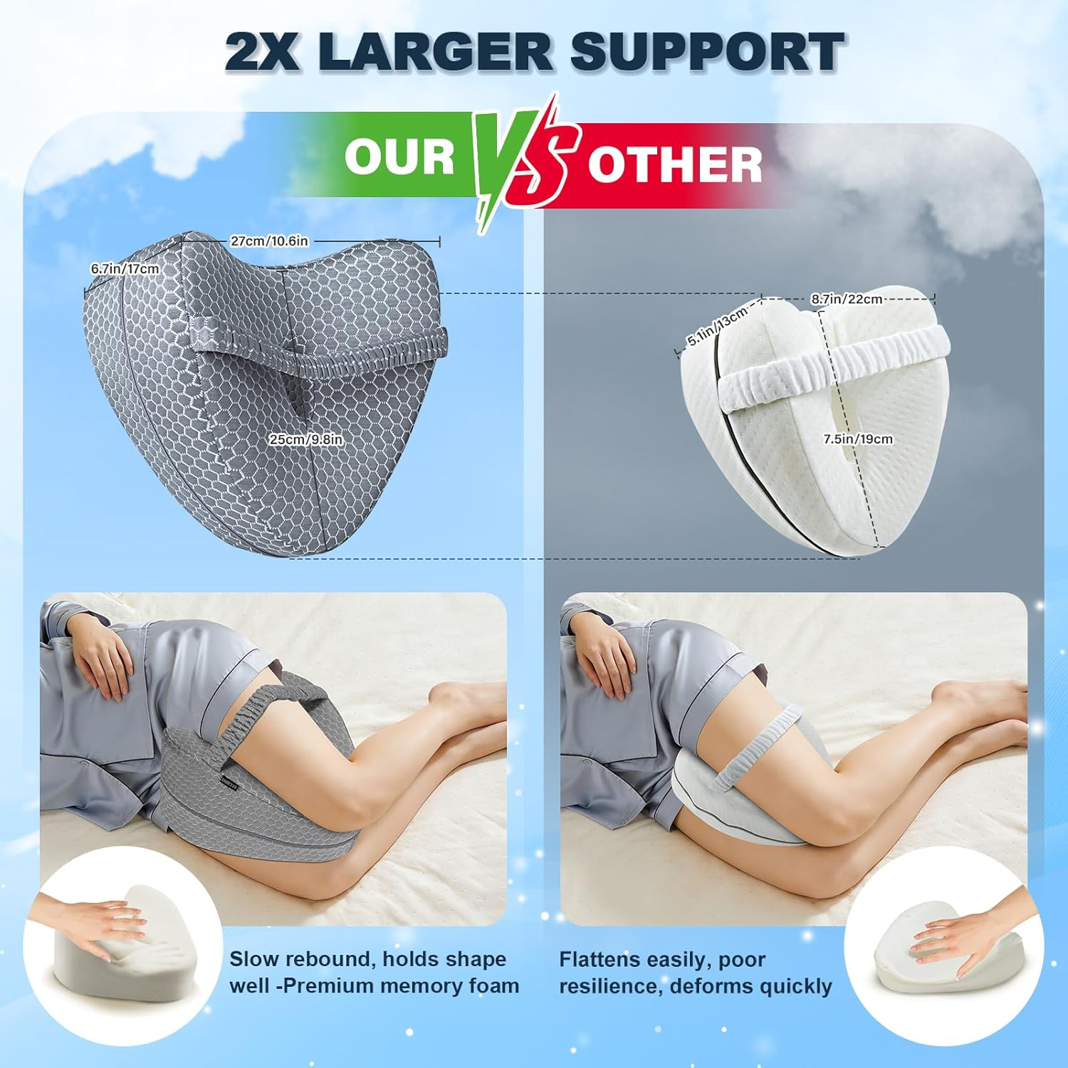 Knee Pillow, Soft Memory Foam Leg Pillows, Cool Ice Silk Hip Support Pillow for Side Sleeper, Body Pillow for Spine Alignment, Sciatica Relief, Post Injury Recovery - with Adjustable Strap (Grey) image number 5