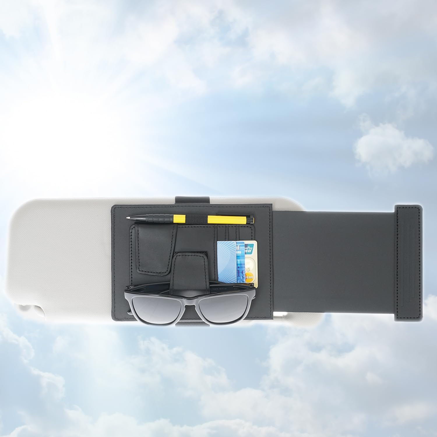 Universal Car Sun Visor Organizer and Extender - Anti-Glare Sunshade with Multi-Pocket Storage for Sunglasses, Cards, and More - Improve Driver Safety and Convenience, 1 Piece (Gray)