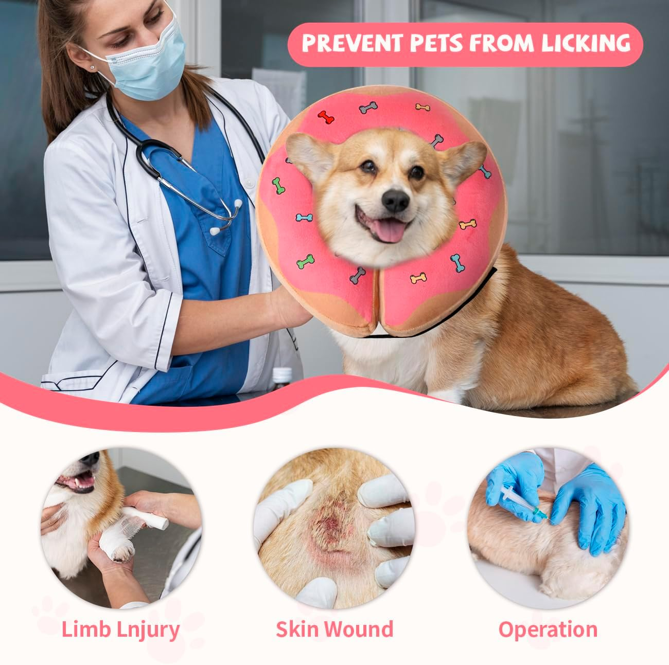 Inflatable Recovery Dog Cone, Protection Dount Collar for Small Medium Large Dogs, Adjustable Soft E-Collar for Dogs and Cats after Surgery, Cute Dog Bone Pattern (Pink, Medium-Plus) image number 5