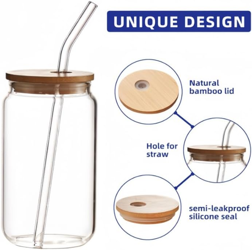 2Pack Glass Cups，Bamboo Lids Drinking Glasses Set，Glass Can Coffee Cup（16Oz，With Lids & Straws） image number 3