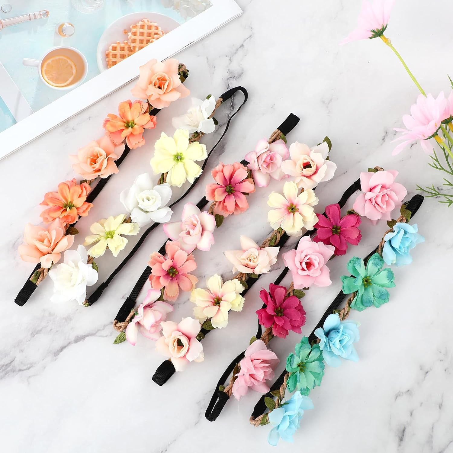 6Pcs Girls Flower Crown Headbands Flower Hair Band for Women Girls, Floral Tiara Hairband Garland Fashion Floral Headbands Wreath Festival Hair Accessories Elastic for Wedding Party Festival Party