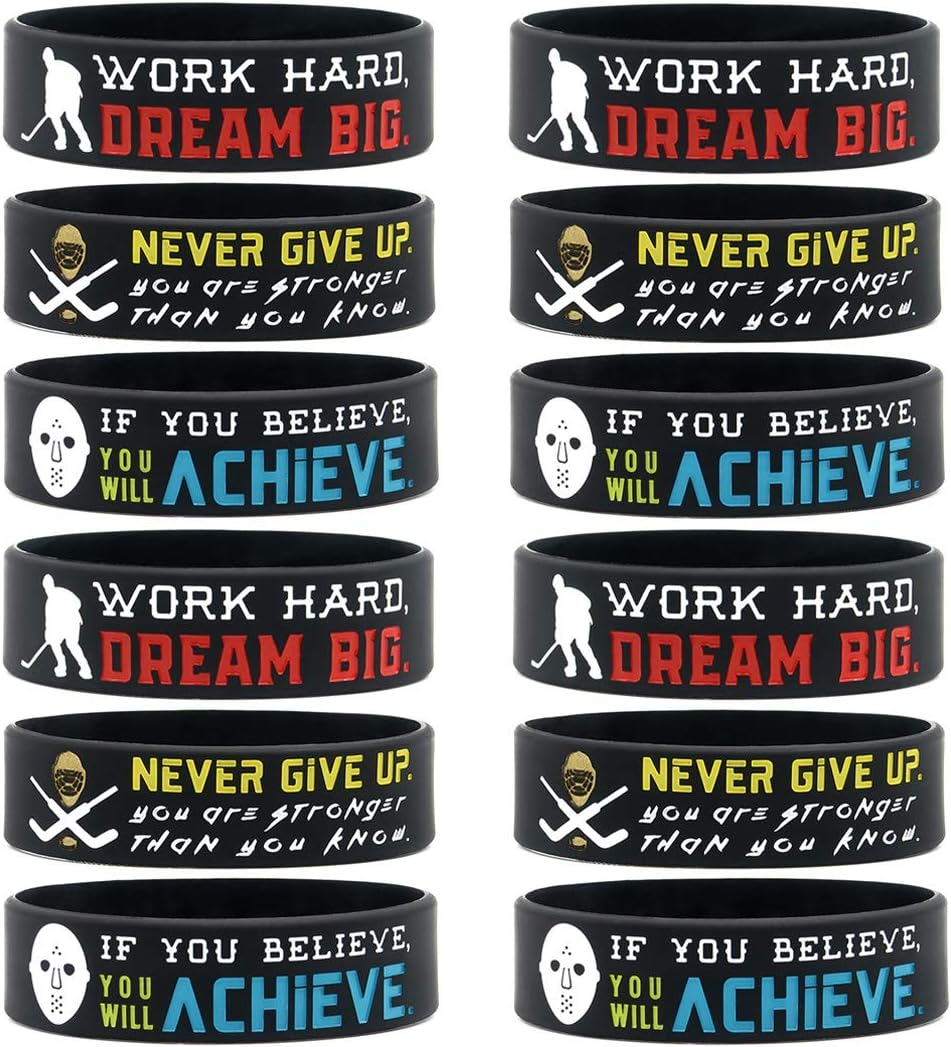 (12-Pack) Hockey Wristbands with Motivational Quotes - Wholesale Bulk Hockey Bracelets for Theme Party Favors Supplies Gifts - Unisex for Boys, Girls, Men, Women