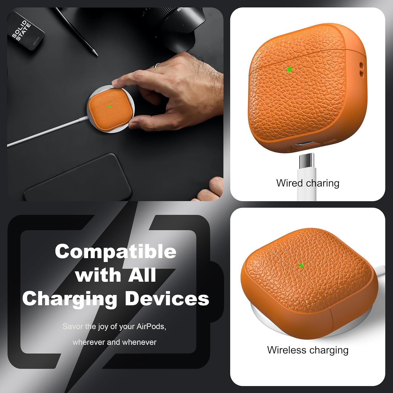 R-Fun for Airpods 4 Generation Case,Soft Leather Drop Protection Cover for Men and Women with Lanyard and Cleaner Kit, Compatible with Apple Latest Airpods 4Th Gen(Usb-C)(2024)-Orange - Black image number 2