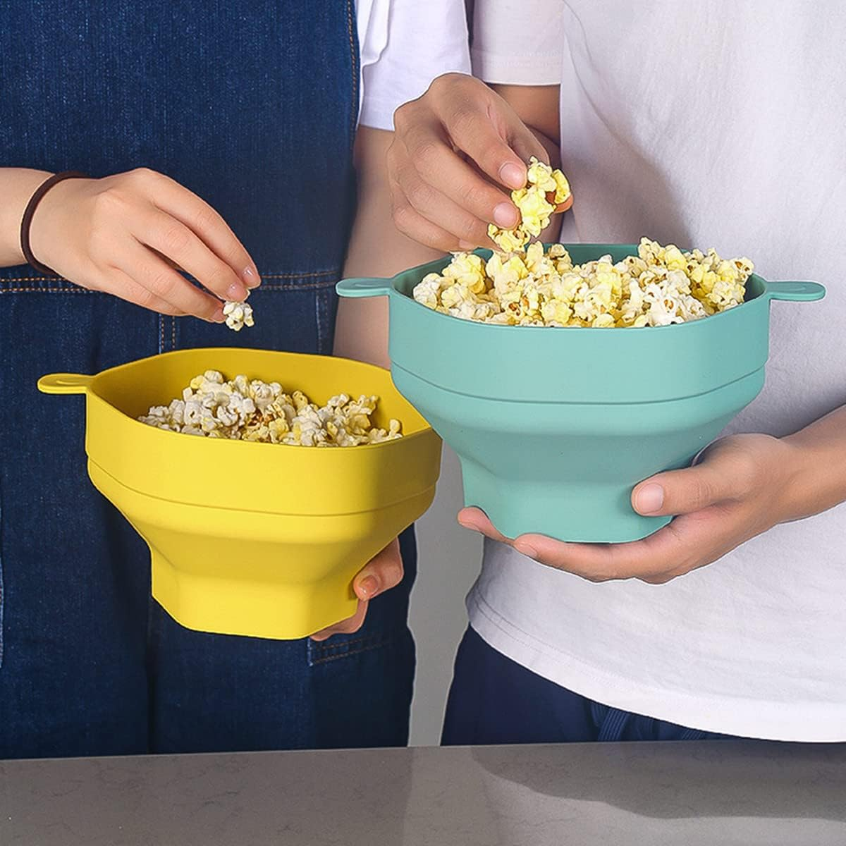 DDMMQS Silicone Popcorn Bowl Collapsible Popcorn Bowl with Handle Popcorn Maker BPA Free, Multipurpose Silicone Bowl Dishwasher Safe (Cyan) - Yellow image number 7